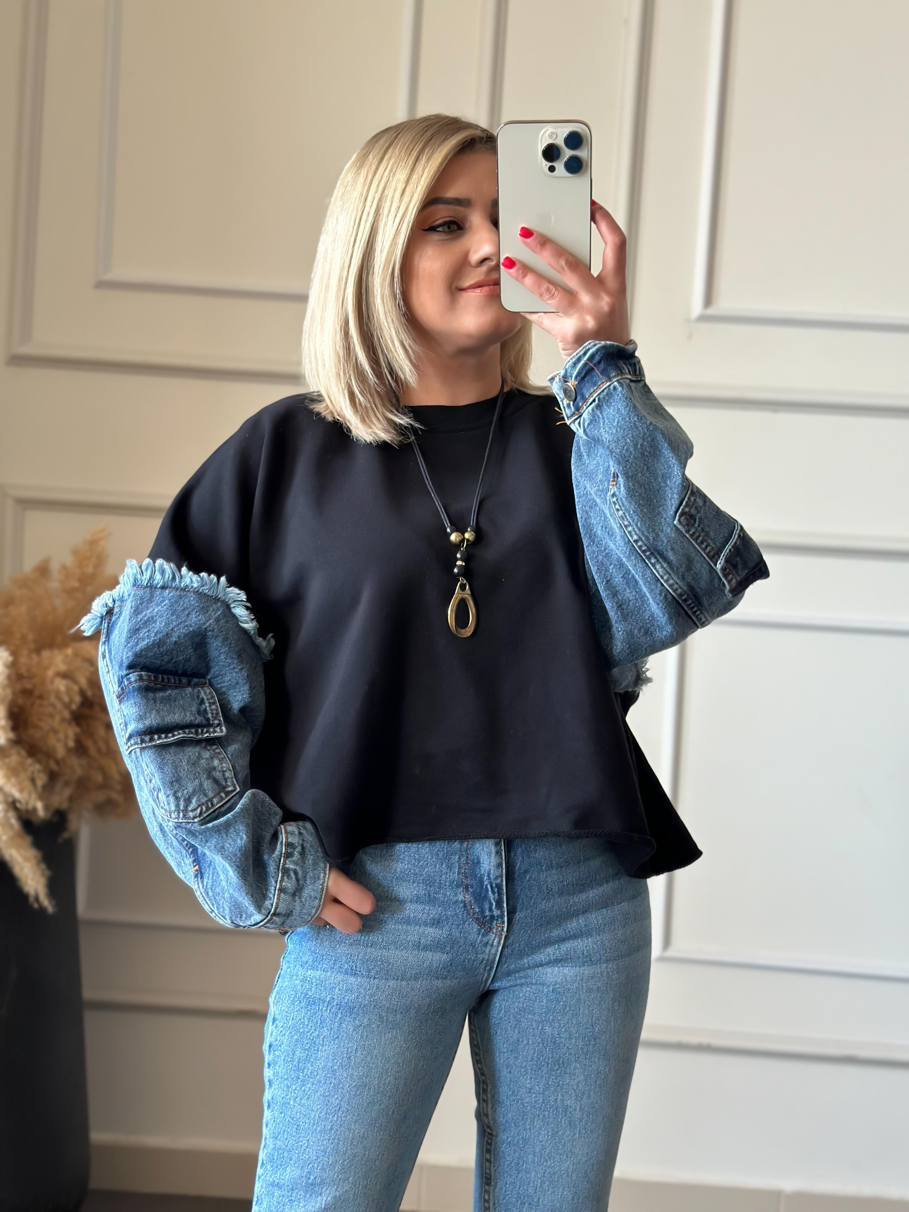 Kolları Kot Detaylı Sweatshirt SİYAH-23KUST000030
