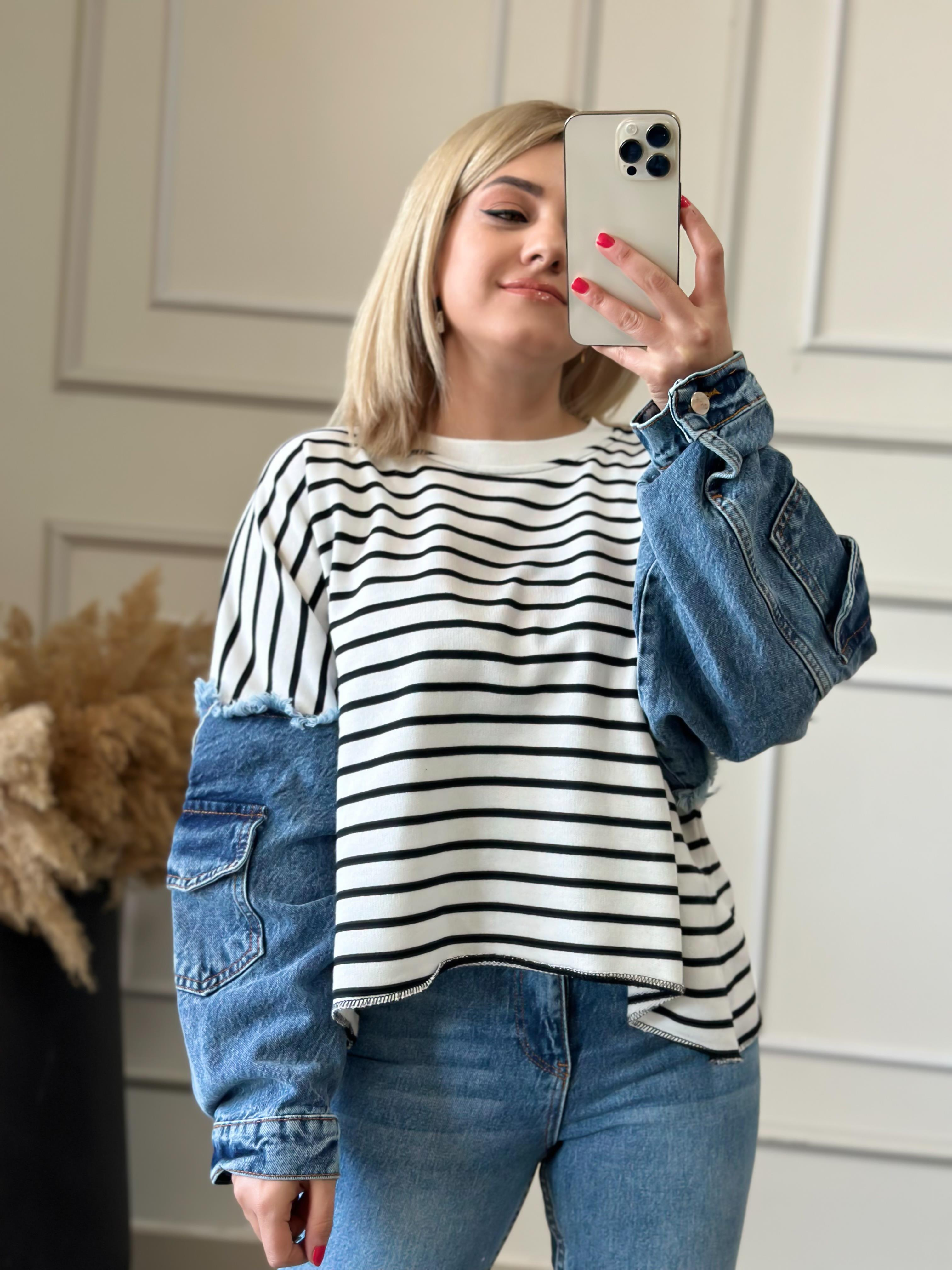 Kolları Kot Detaylı Sweatshirt SİYAH BEYAZ-23KUST000030