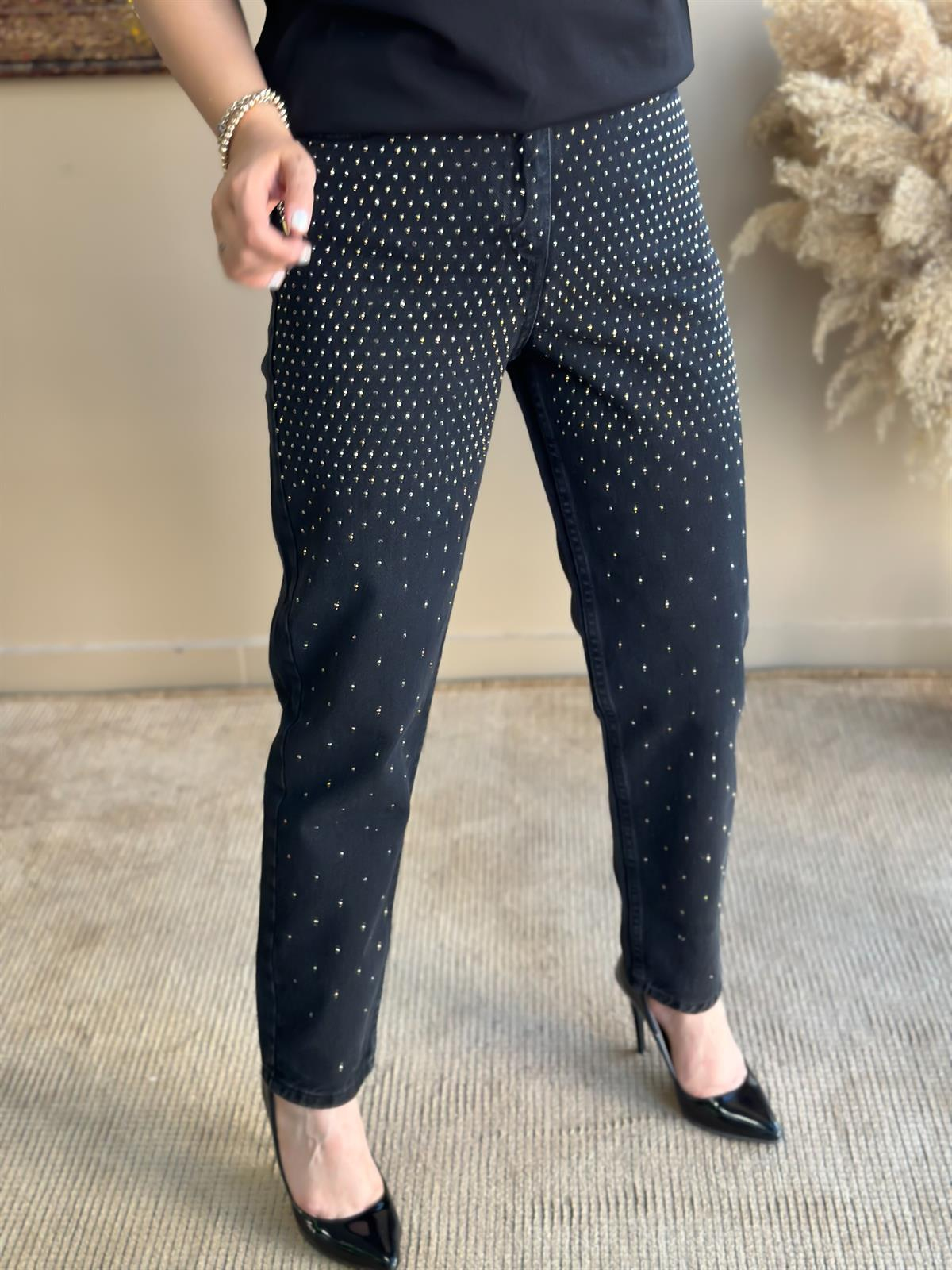Komle Taş İşlemeli Kot Pantolon FÜME-23MeALT00029