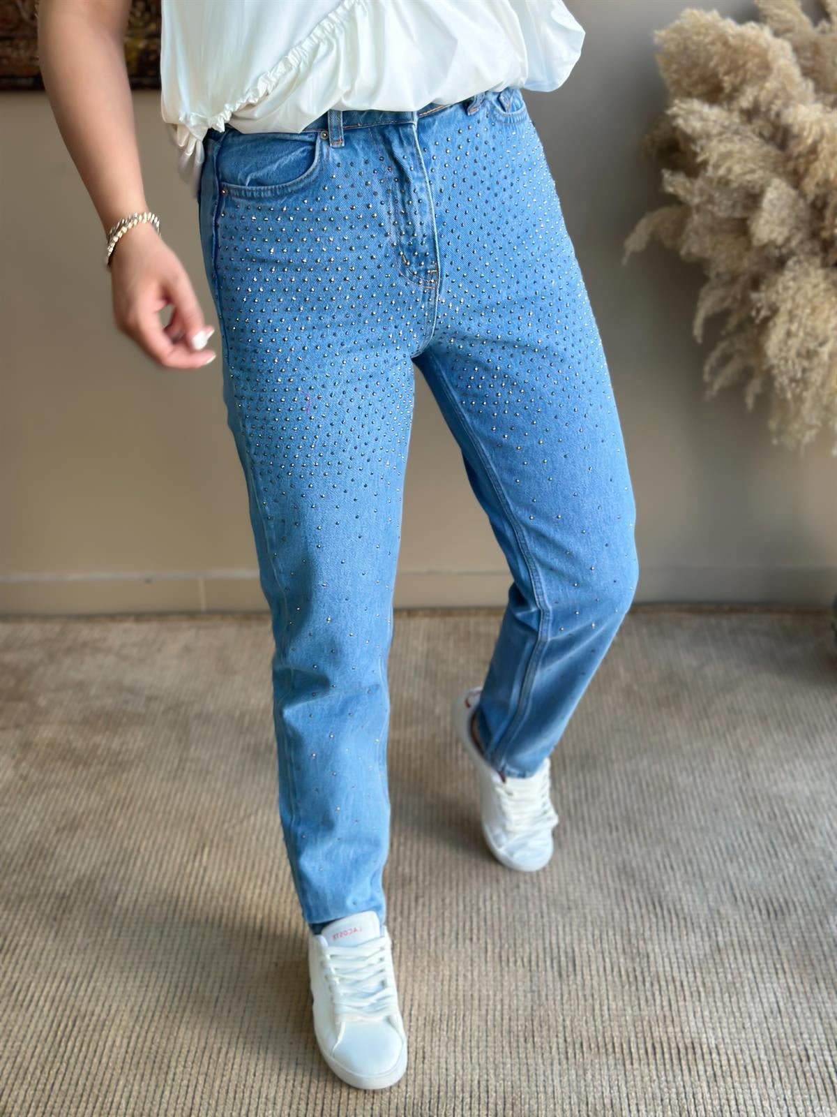 Komle Taş İşlemeli Kot Pantolon MAVİ-23MeALT00029