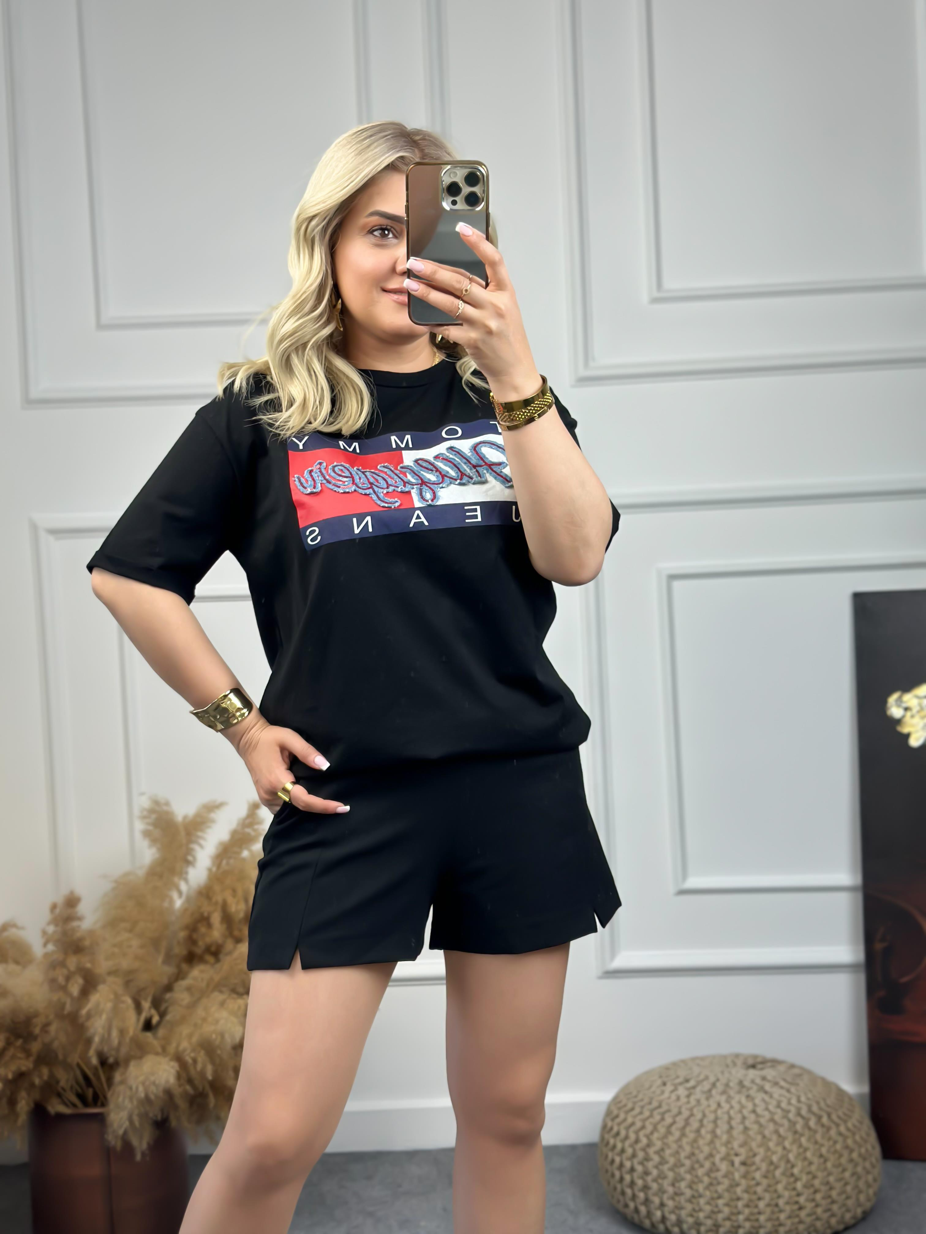 Kot Detaylı Tshirt SİYAH-23YUST000069