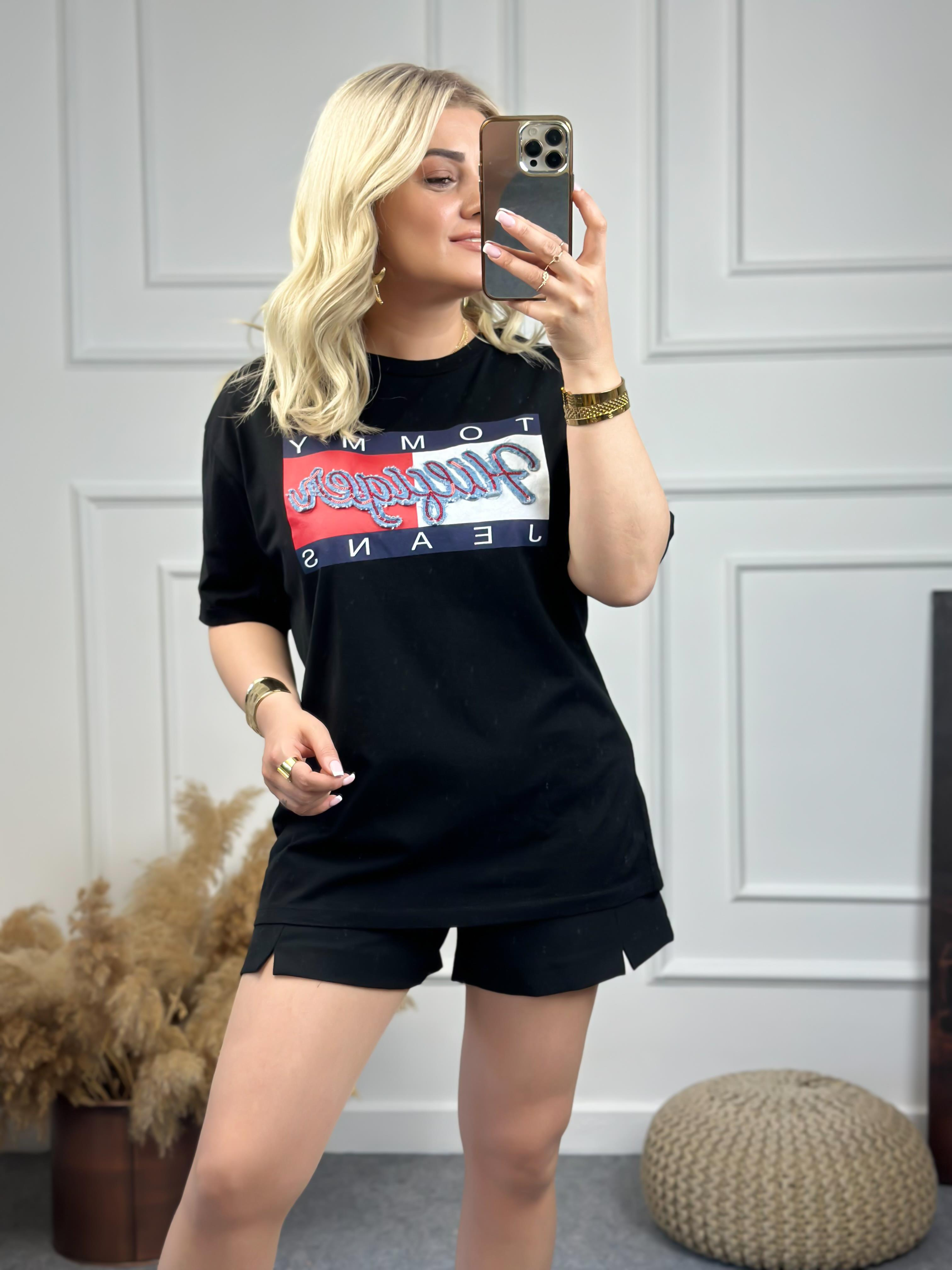 Kot Detaylı Tshirt SİYAH-23YUST000069