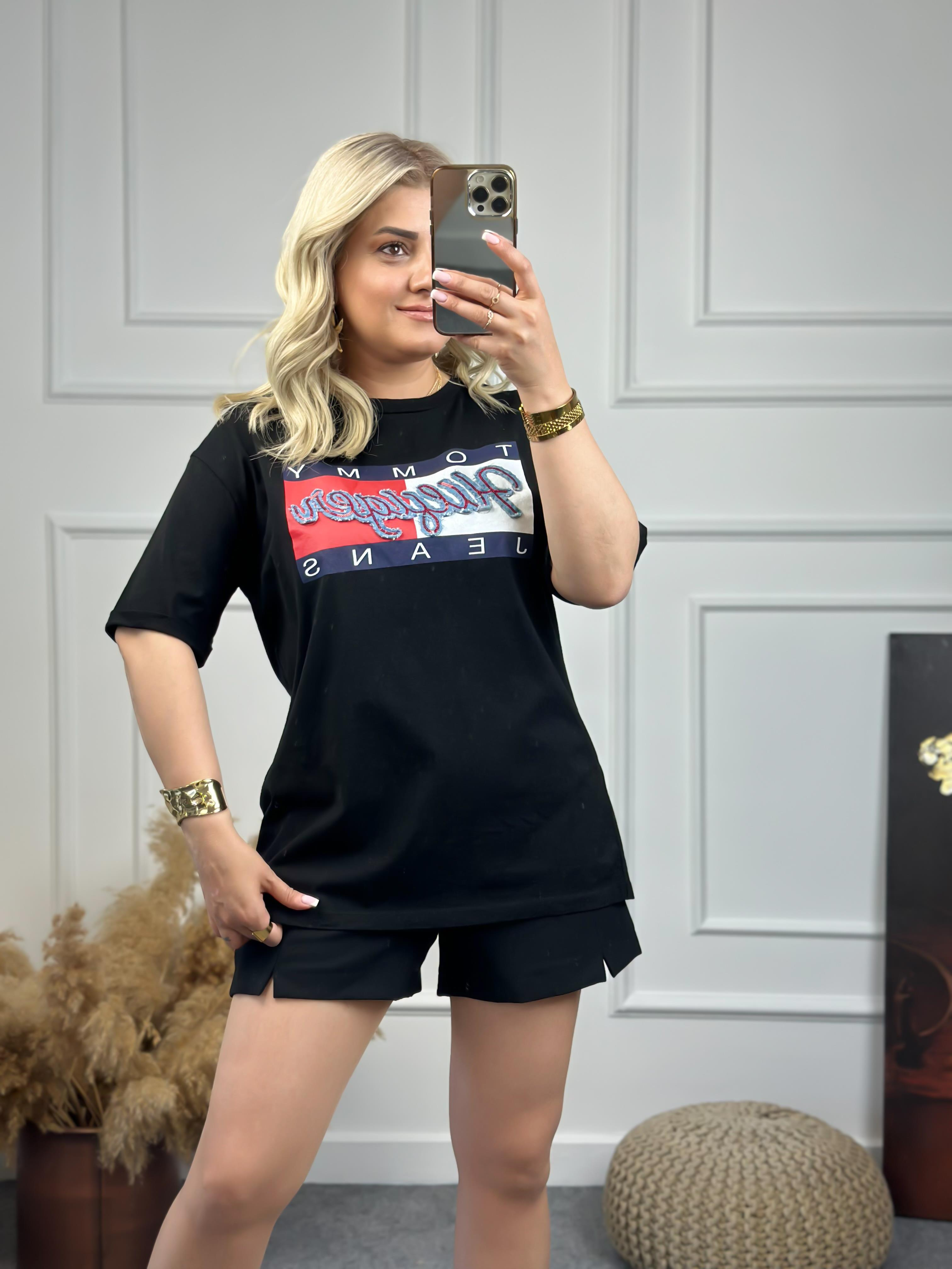Kot Detaylı Tshirt SİYAH-23YUST000069