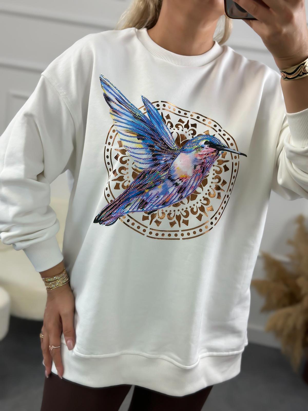 Kuş Baskılı Oversize Sweatshirt BEYAZ-23YUST000145