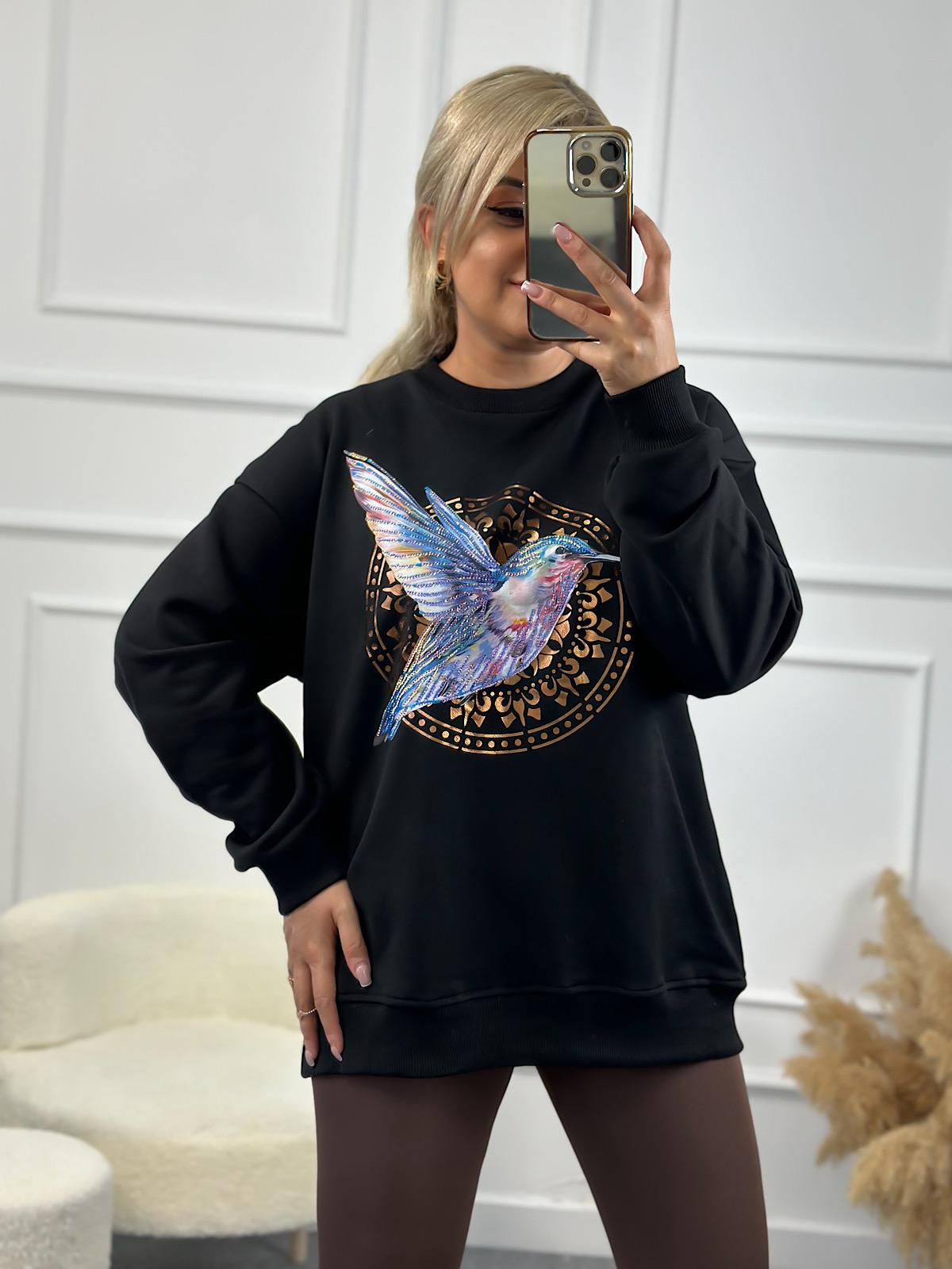 Kuş Baskılı Oversize Sweatshirt SİYAH-23YUST000145
