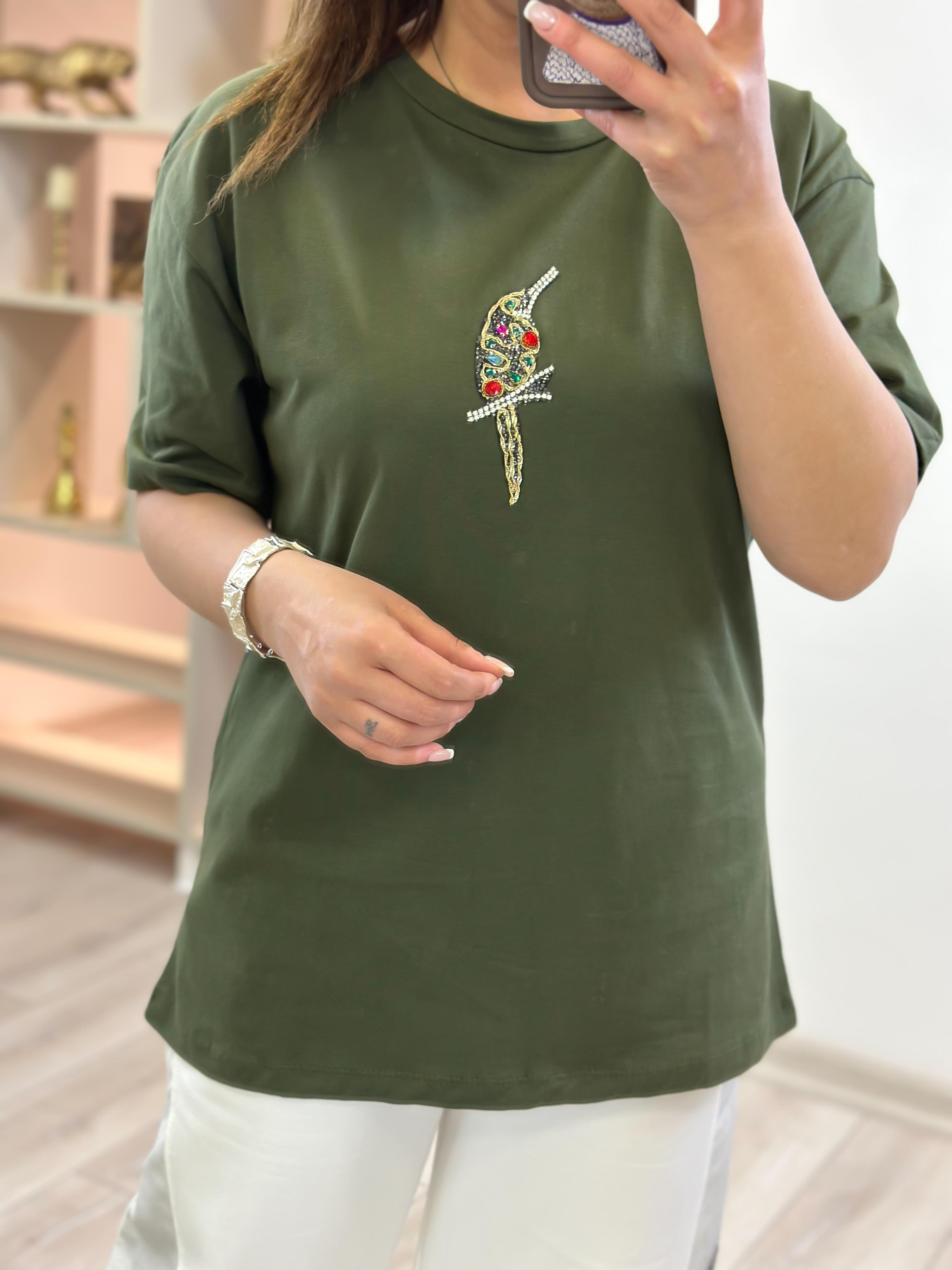 Kuş  Baskılı  Taşlı Tshirt HAKİ-23YUST000260