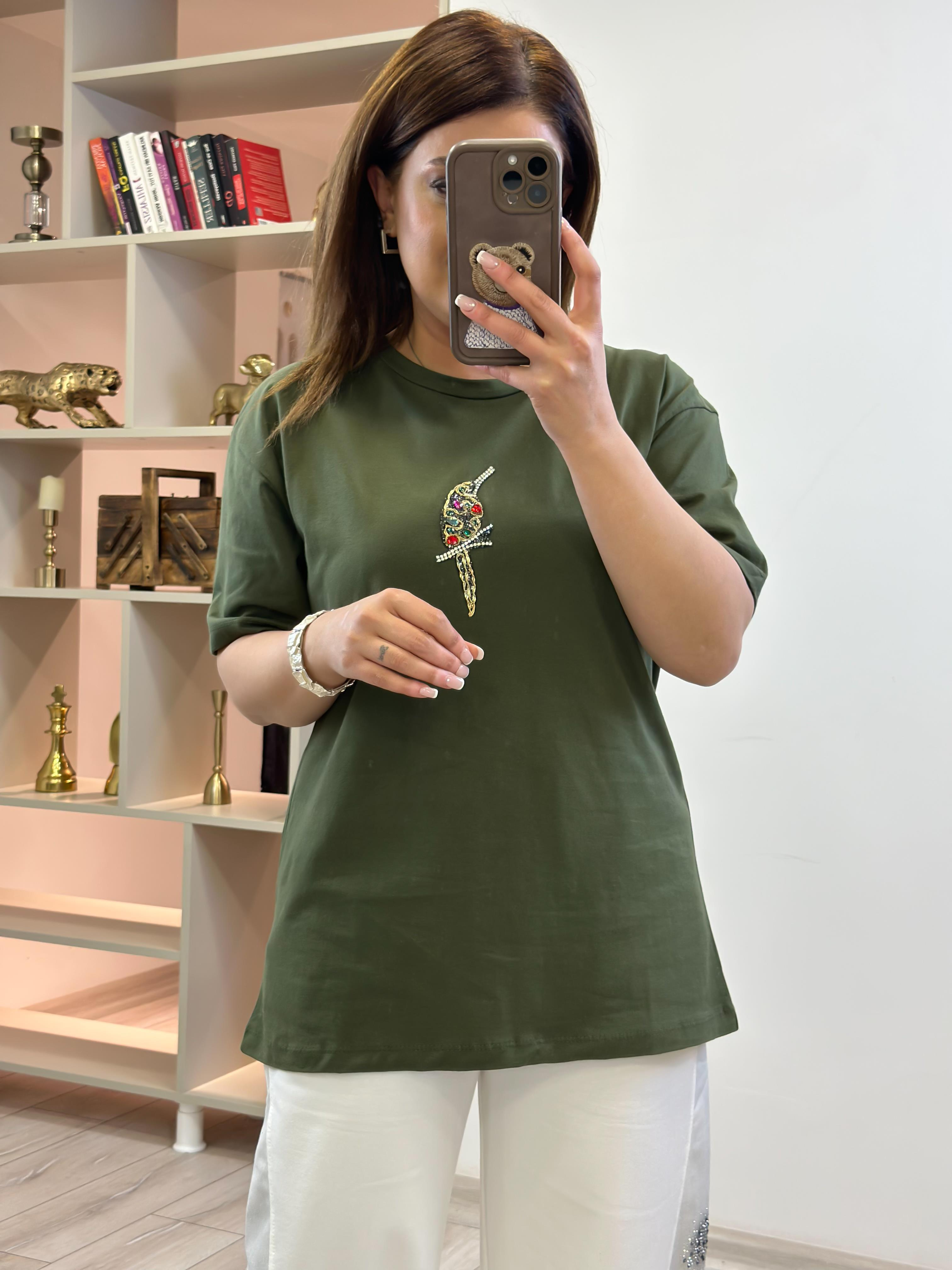 Kuş  Baskılı  Taşlı Tshirt HAKİ-23YUST000260