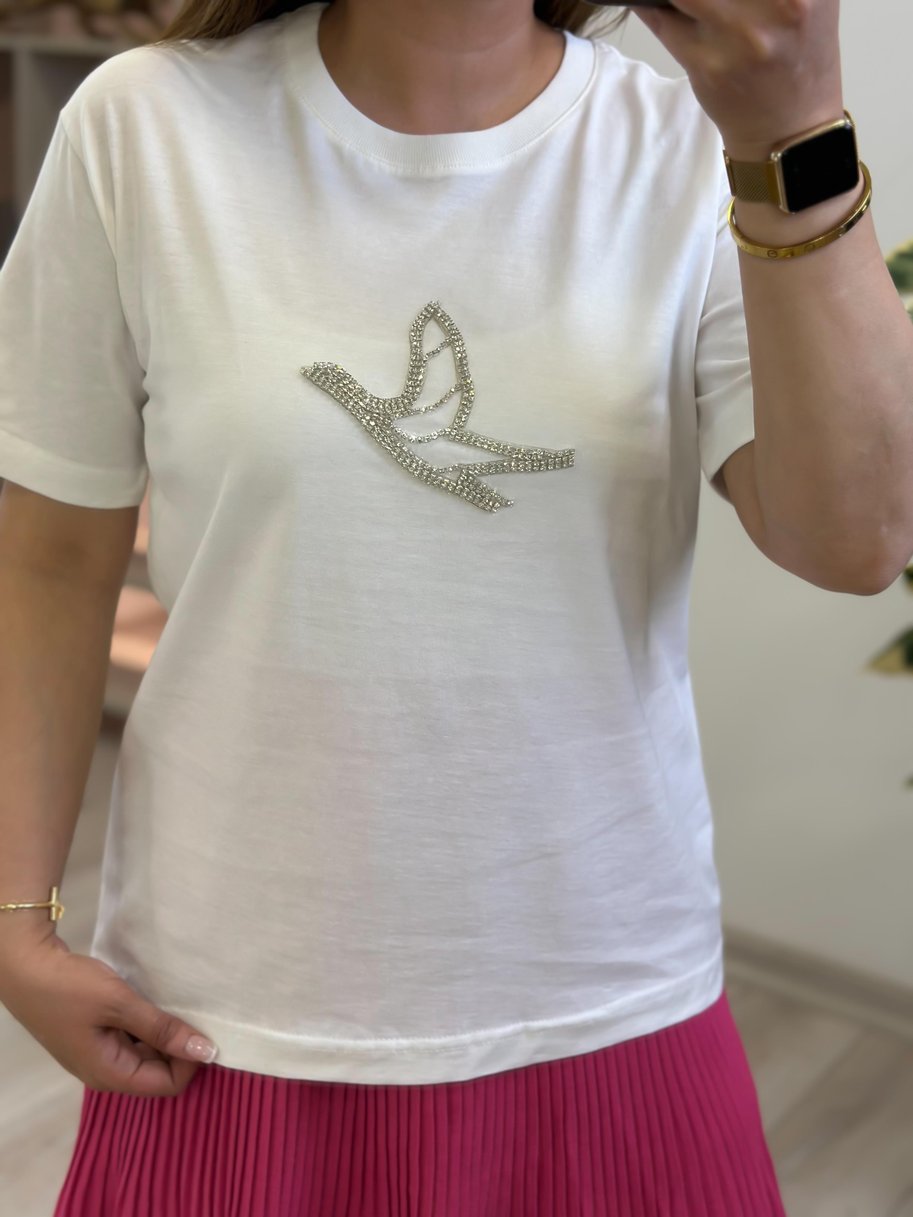 Kuş İşlemeli  Taşlı Tshirt BEYAZ-23YUST000264