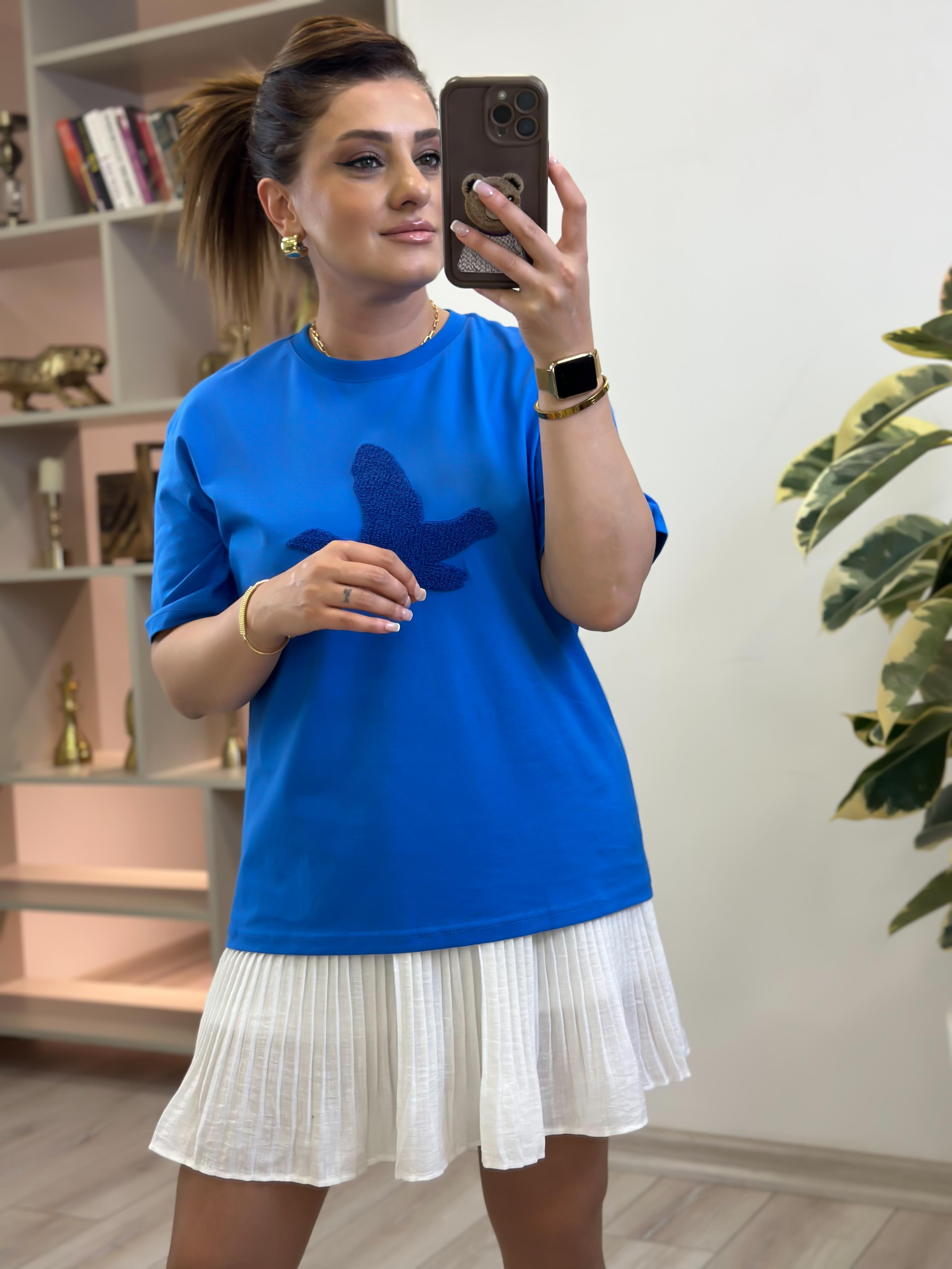 Kuş Kabartma Dokulu Tshirt MAVİ-23YUST000262