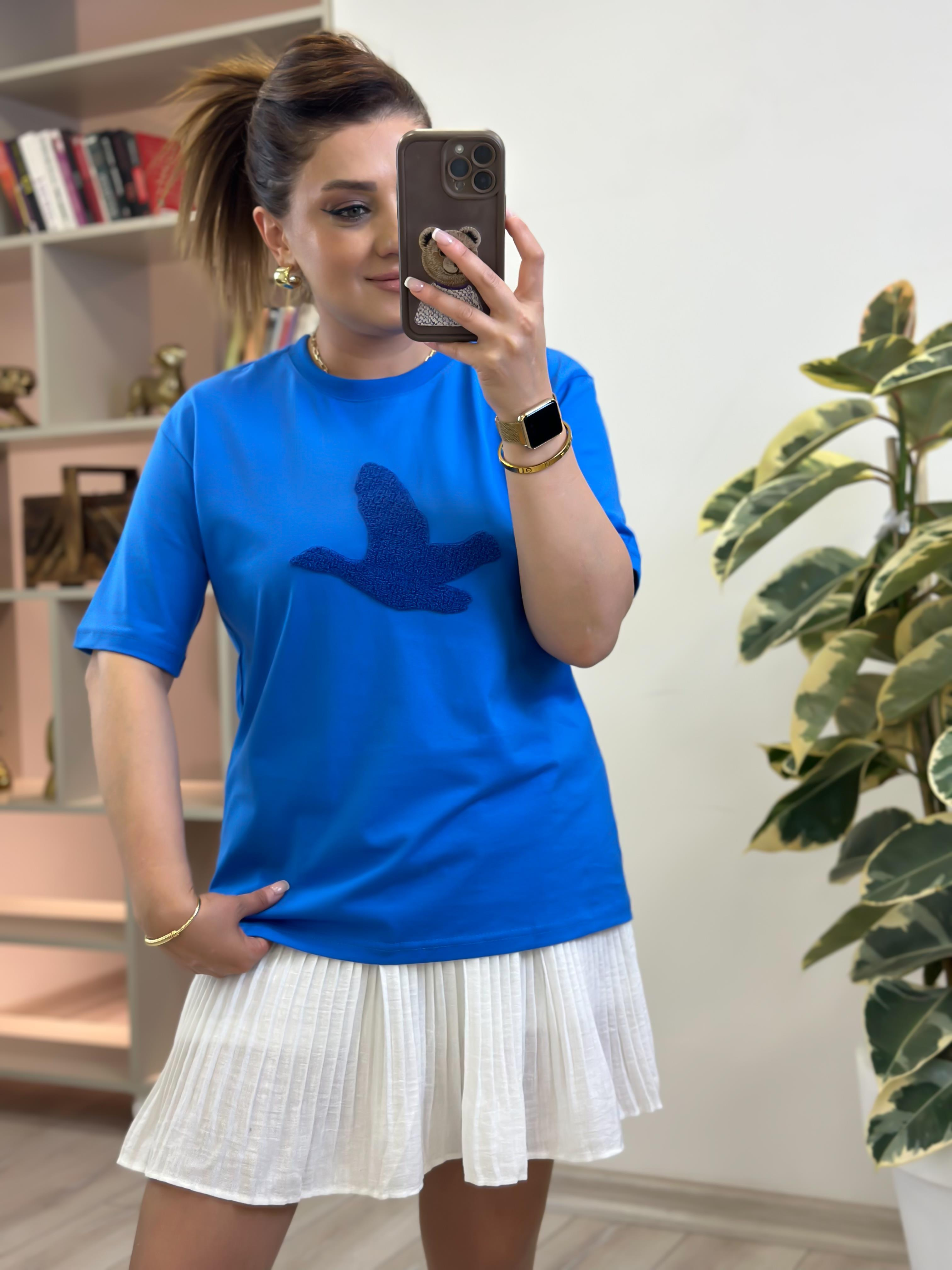 Kuş Kabartma Dokulu Tshirt MAVİ-23YUST000262