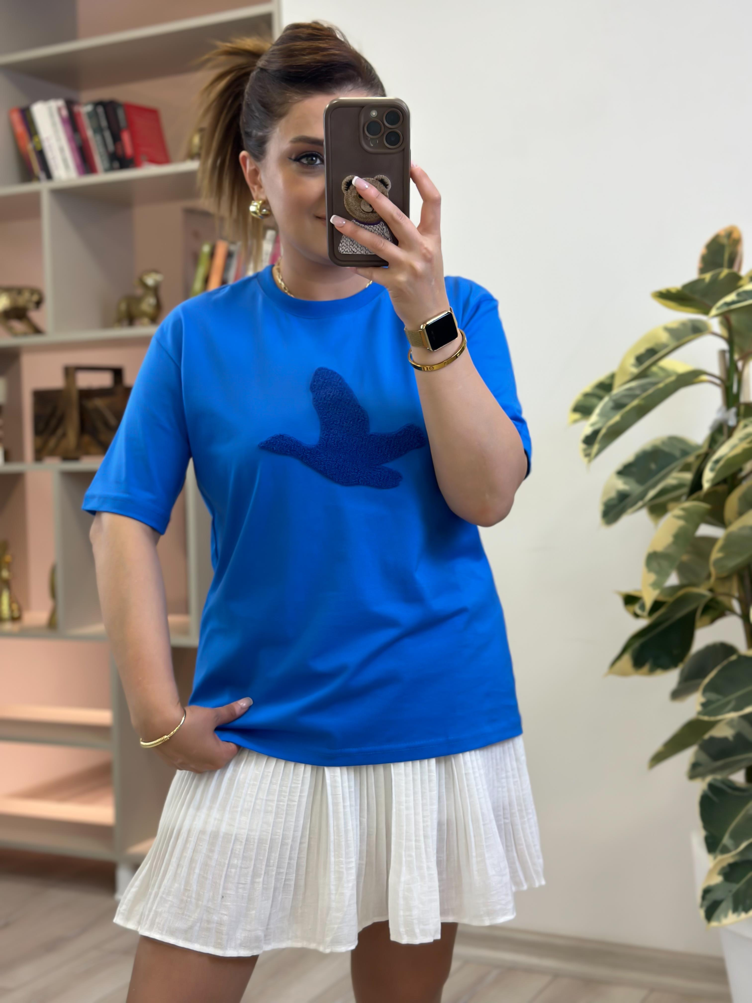 Kuş Kabartma Dokulu Tshirt MAVİ-23YUST000262