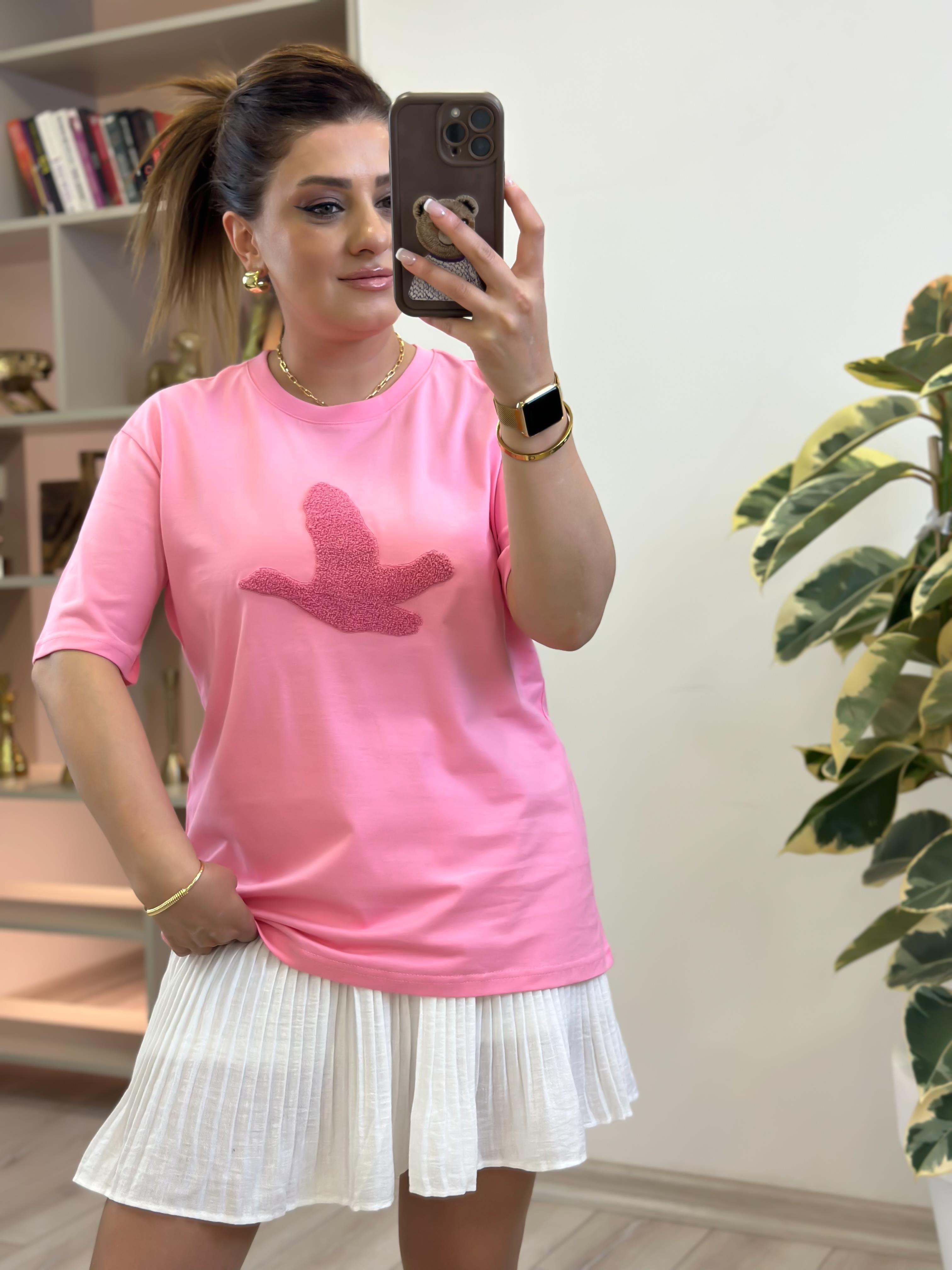 Kuş Kabartma Dokulu Tshirt PEMBE-23YUST000262