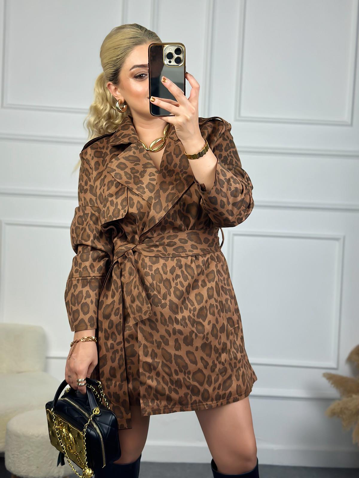 Kuşaklı Leopar Trençkot TABA-23KDIS000043