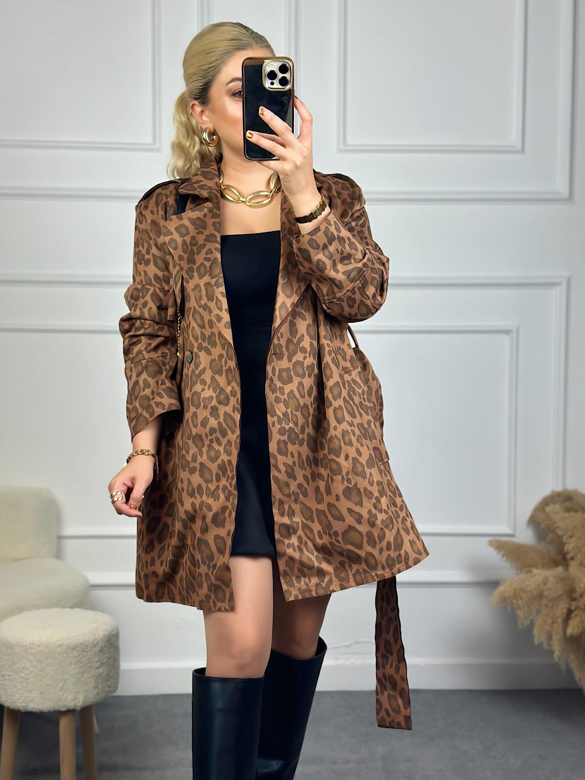 Kuşaklı Leopar Trençkot TABA-23KDIS000043