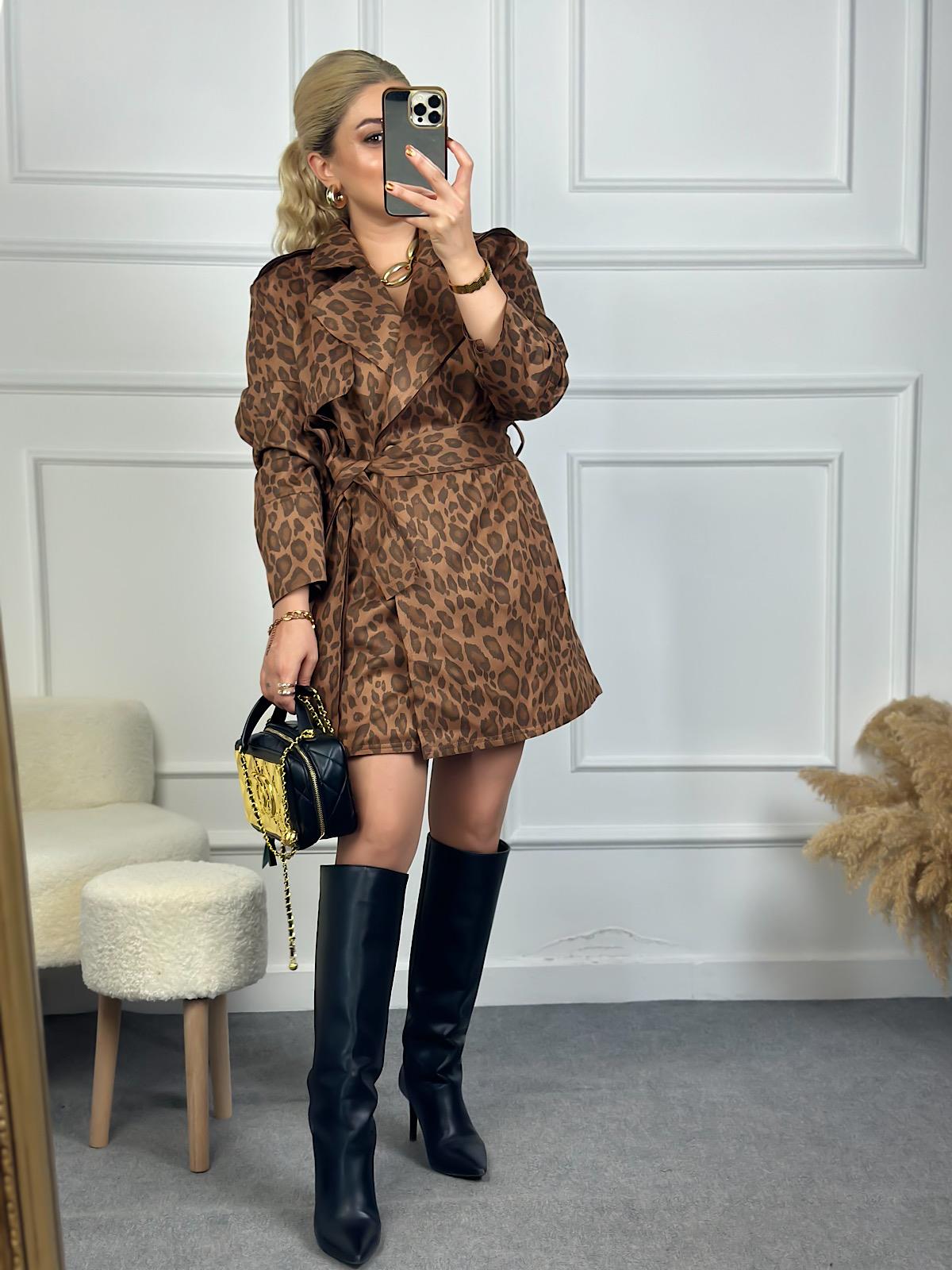 Kuşaklı Leopar Trençkot TABA-23KDIS000043