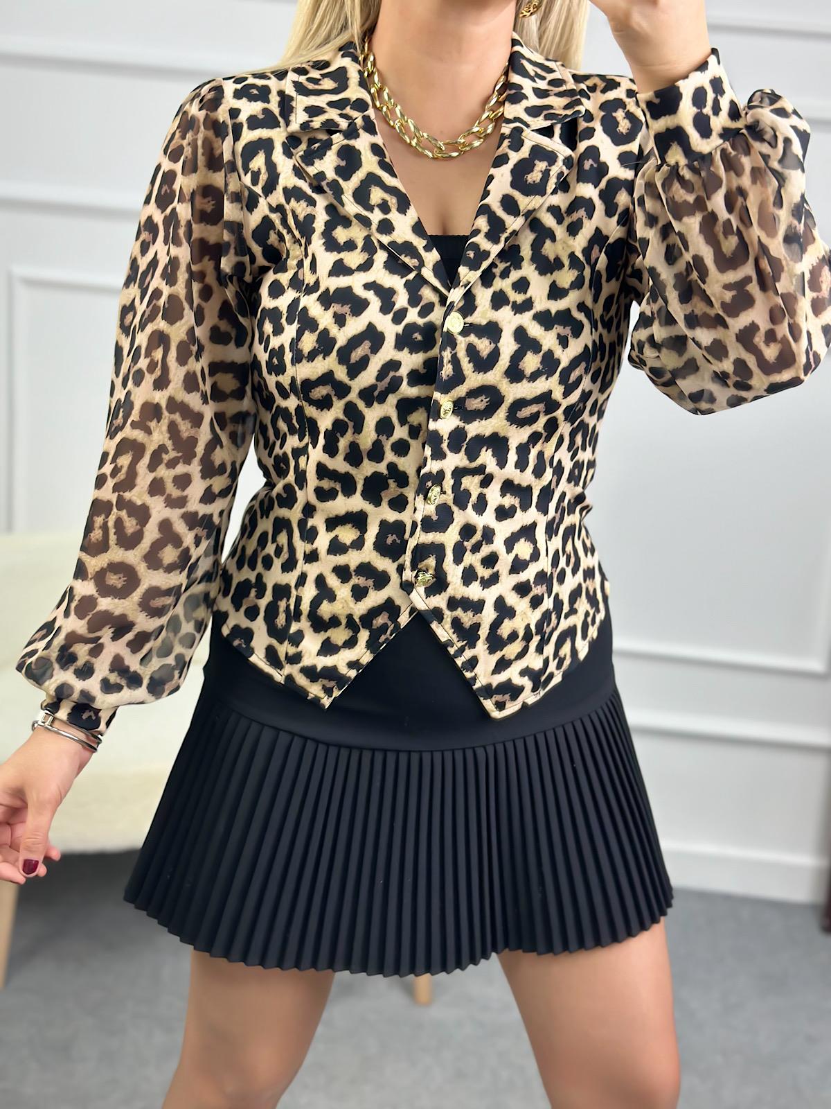 Leopar Desen Ceket Yaka Kolları Şifon Bluz BEJ-23KUST000088