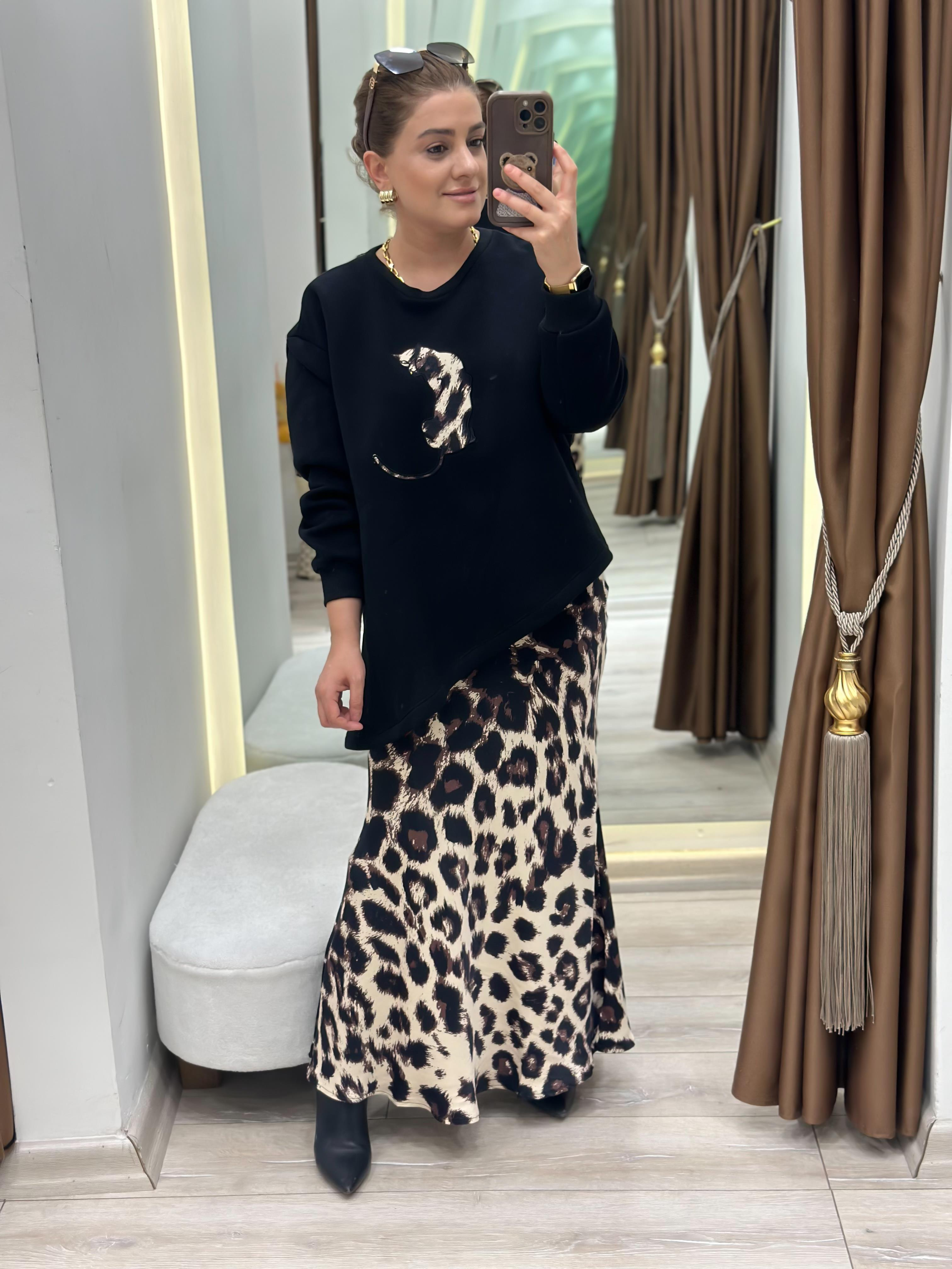 Leopar Detaylı Etekli Sweatshirt 2 Li Takım SİYAH-23KUST000115