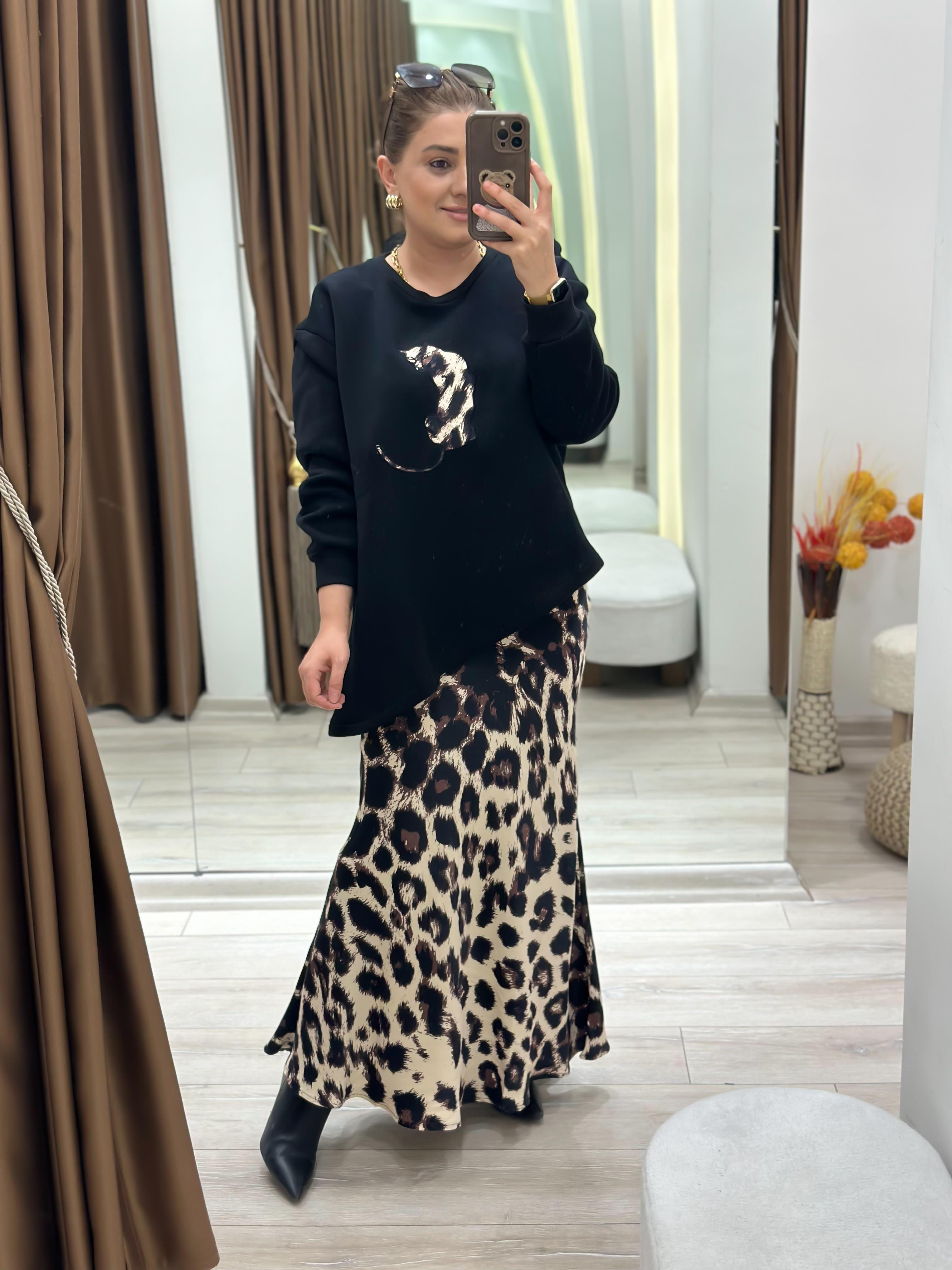 Leopar Detaylı Etekli Sweatshirt 2 Li Takım SİYAH-23KUST000115