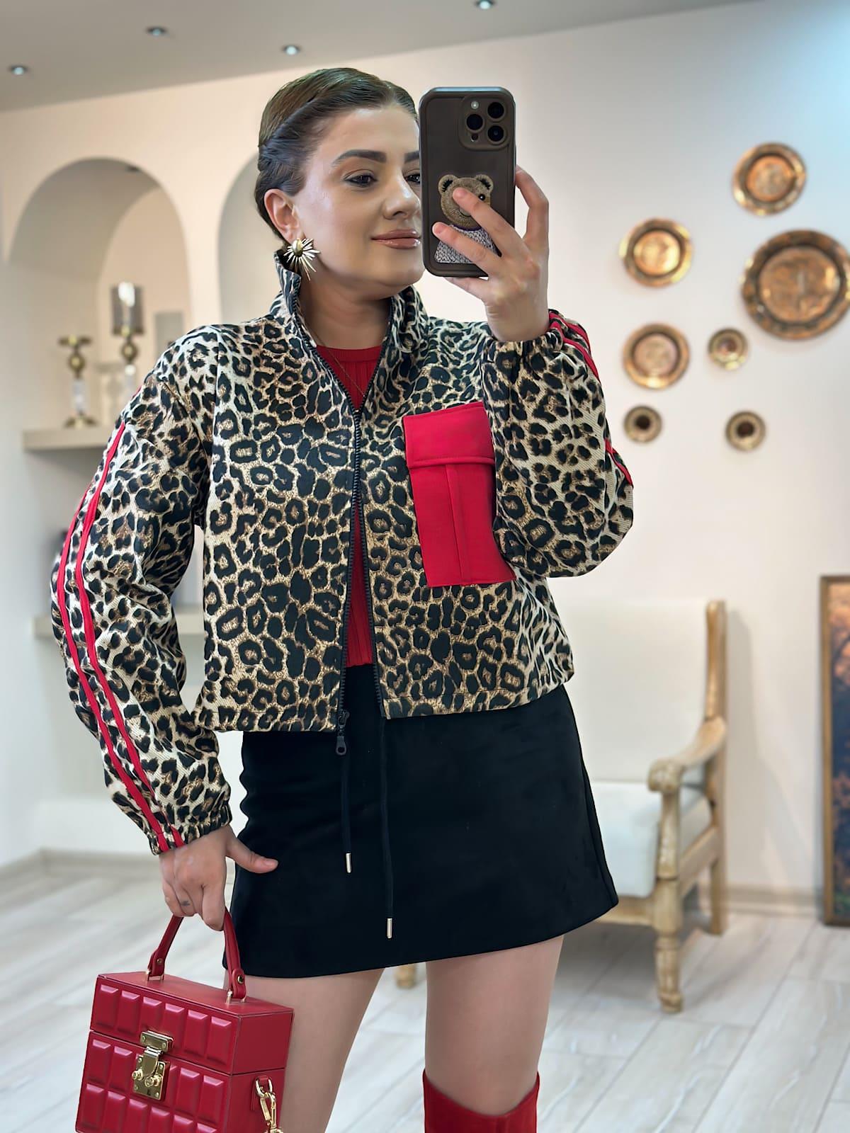 Leopar  Kırmızı Biye Geçişli Fermuar Detaylı Ceket KAHVE-23YDIS000015