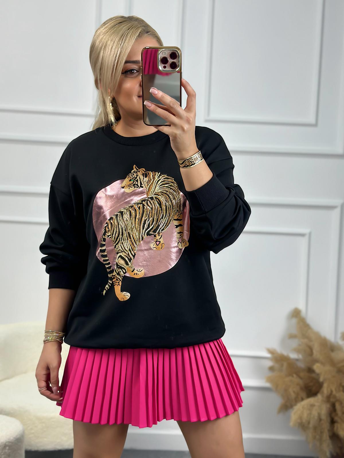 Leopar Varak Baskılı Oversize Sweatshirt SİYAH-23YUST000146