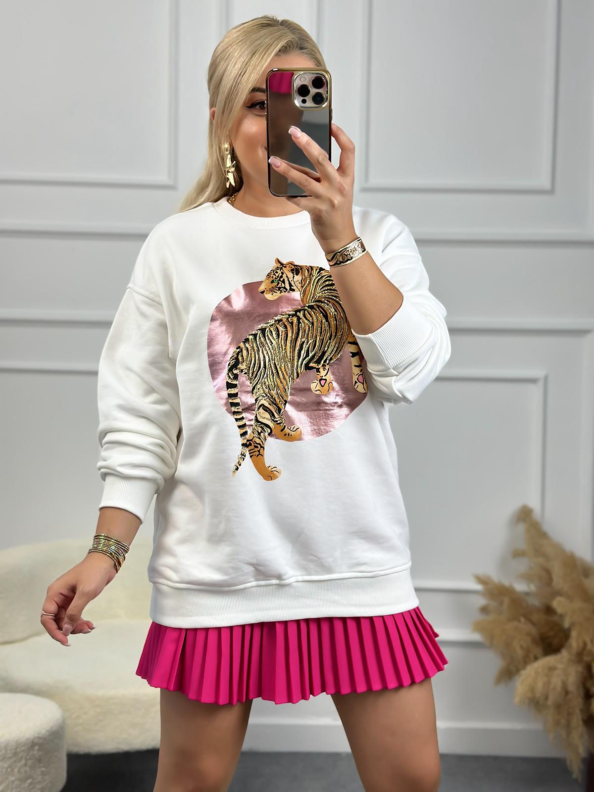 Leopar Varak Baskılı Oversize Sweatshirt BEYAZ-23YUST000146