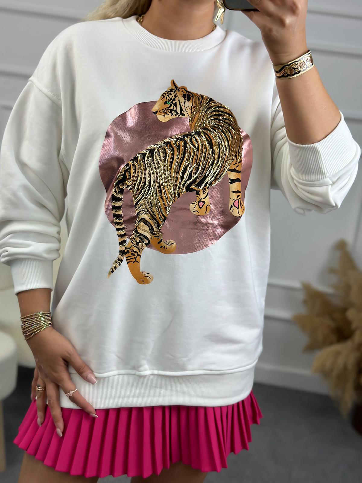 Leopar Varak Baskılı Oversize Sweatshirt BEYAZ-23YUST000146