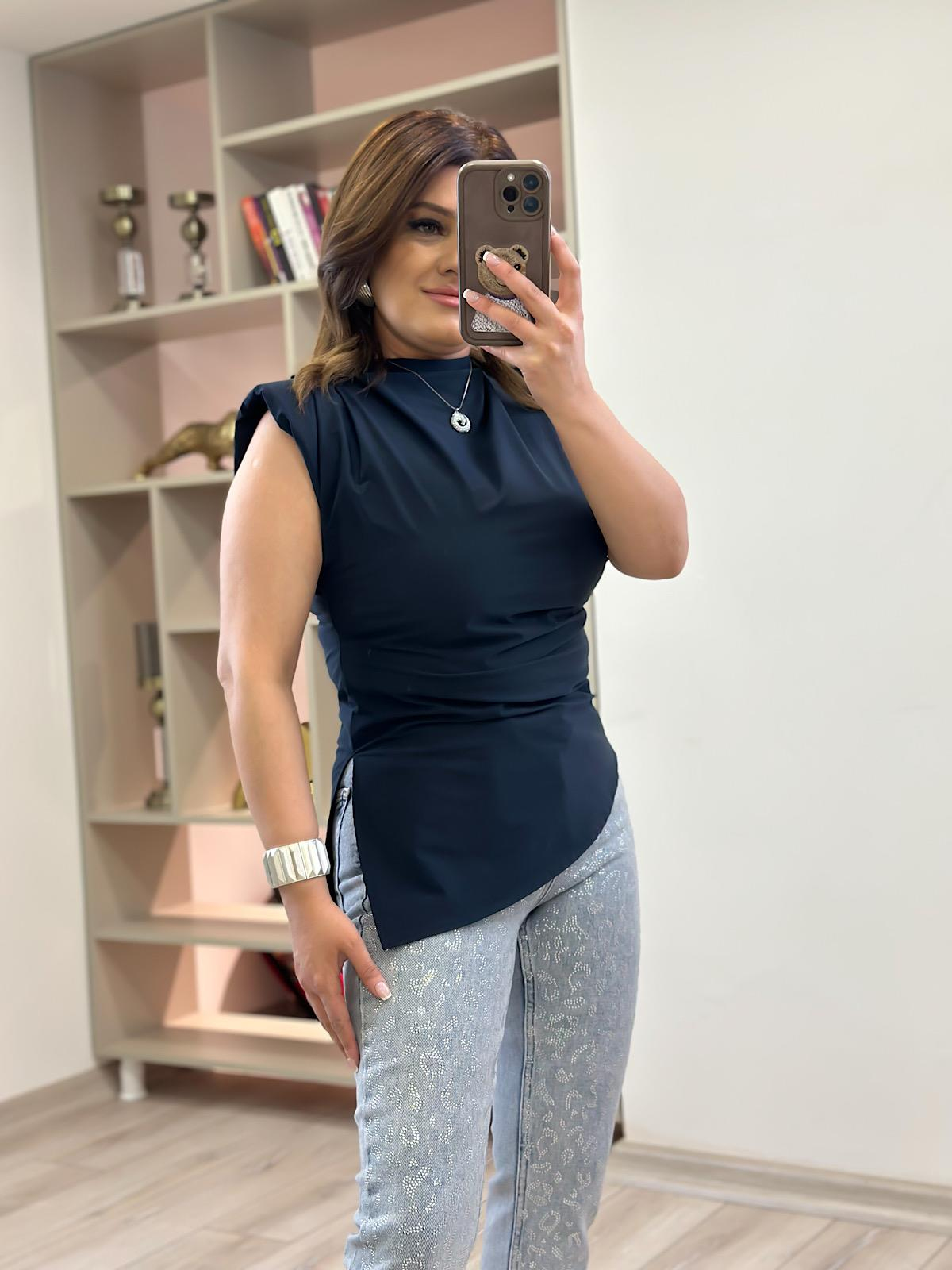Lüx Kalite Yanı Drapeli Yırtmaçlı Keten Bluz LACİVERT-23YUST000204