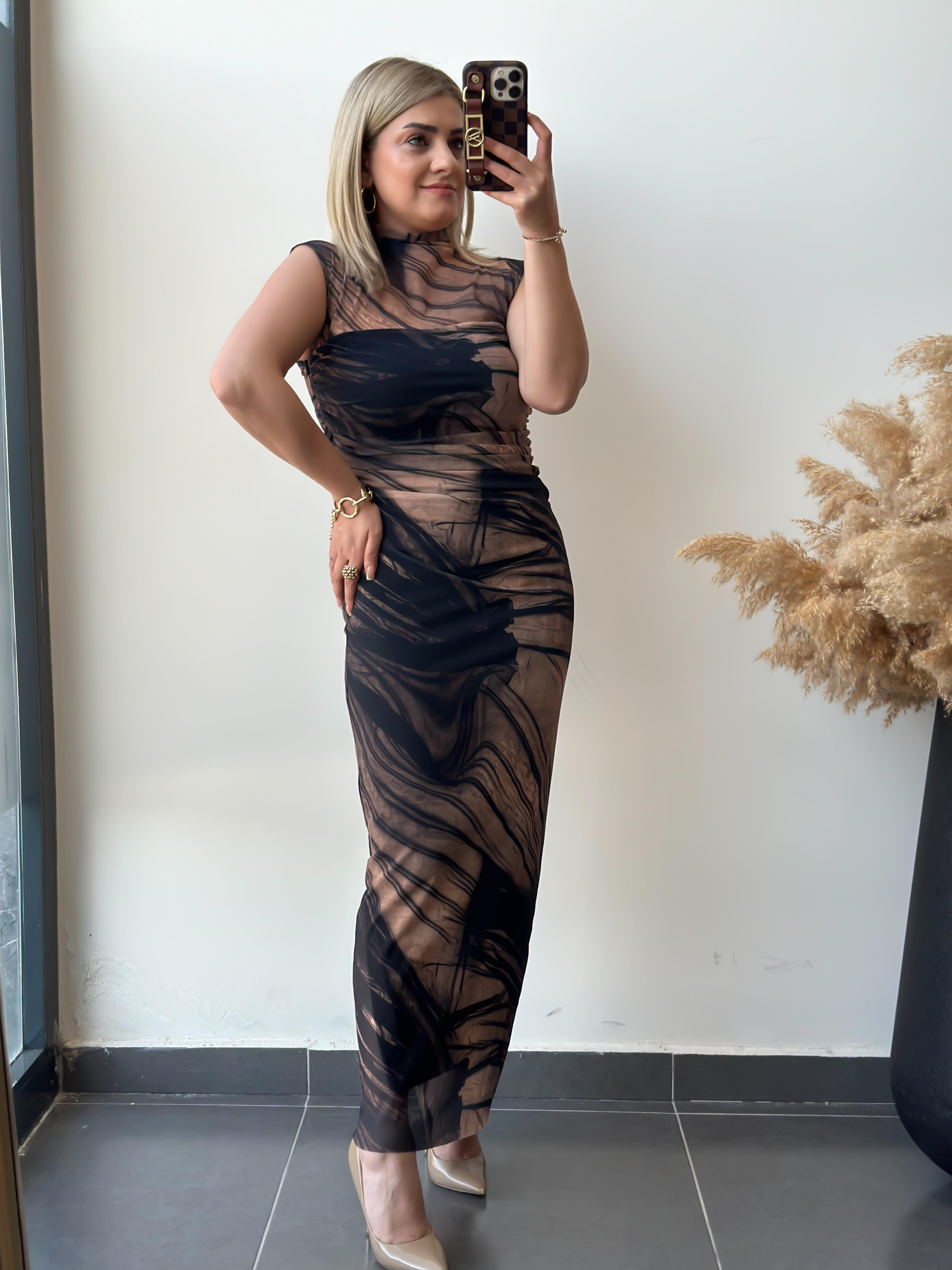 Marka Model Likralı Drapeli Maxi Boy Tül Elbise CAMEL-23KYeni00009