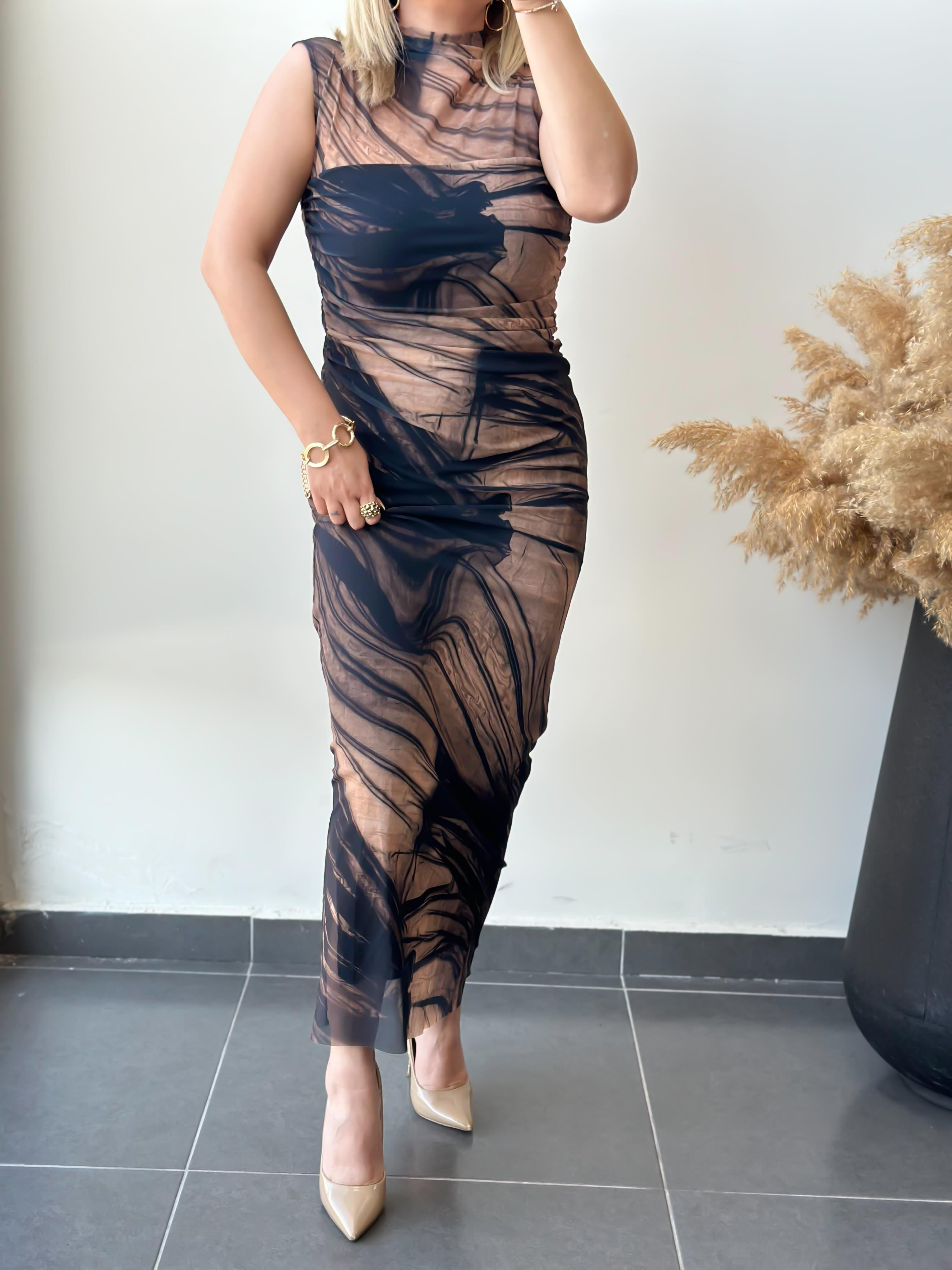 Marka Model Likralı Drapeli Maxi Boy Tül Elbise CAMEL-23KYeni00009