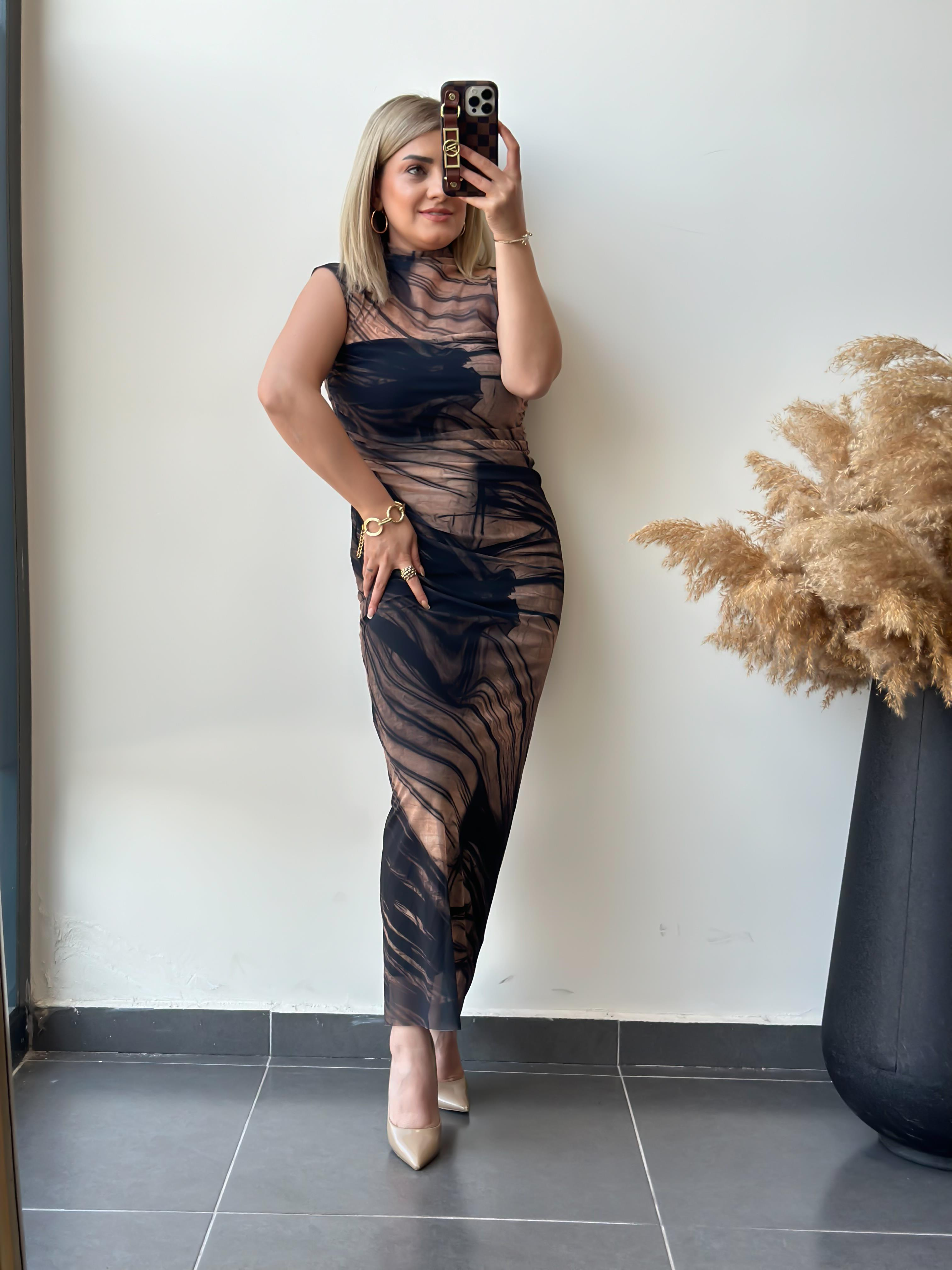 Marka Model Likralı Drapeli Maxi Boy Tül Elbise CAMEL-23KYeni00009