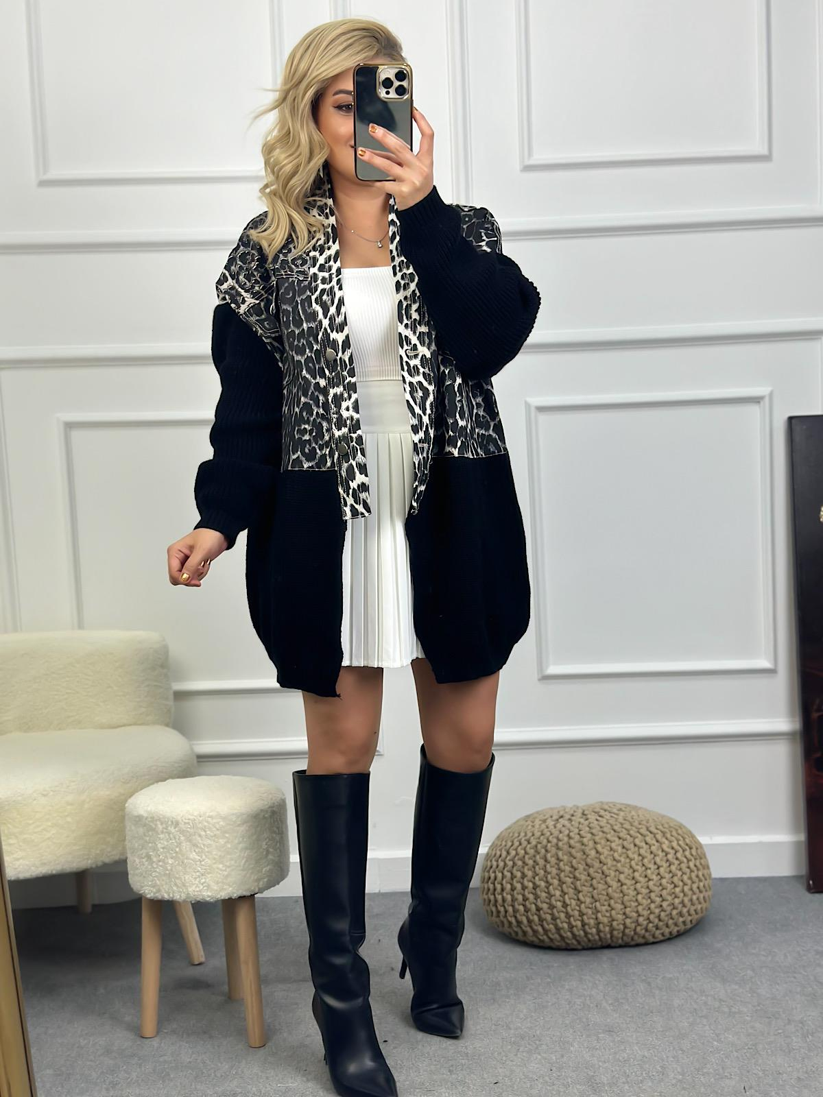 Marka Model Triko Mixli Üstü Gabardin Tasarım Leopar Ceket SİYAH-23MeDIS00008