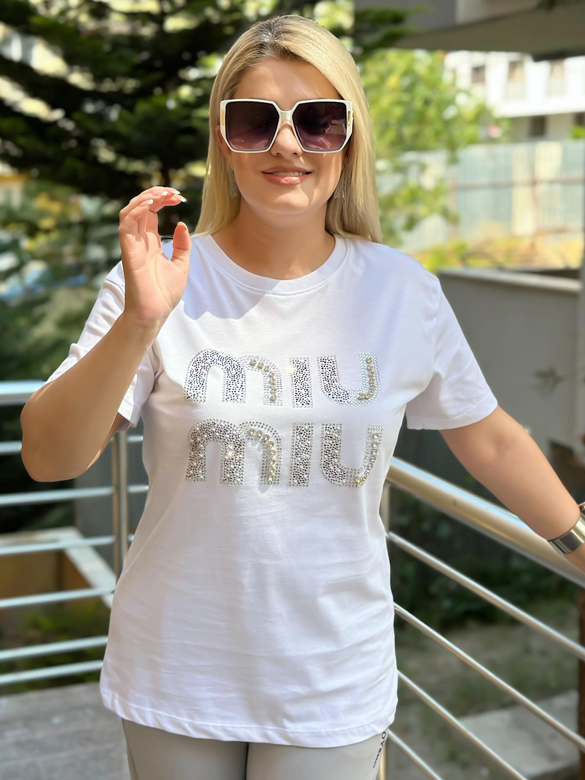 Miu Taş Baskılı Tshırt BEYAZ-23YUST000125