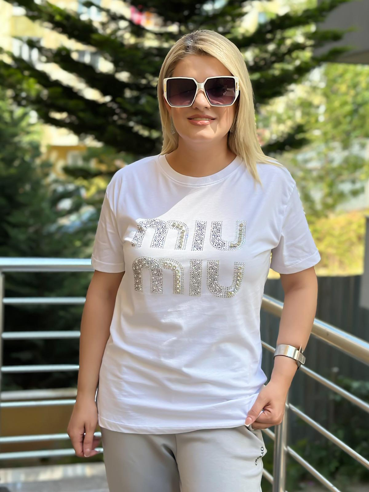 Miu Taş Baskılı Tshırt BEYAZ-23YUST000125