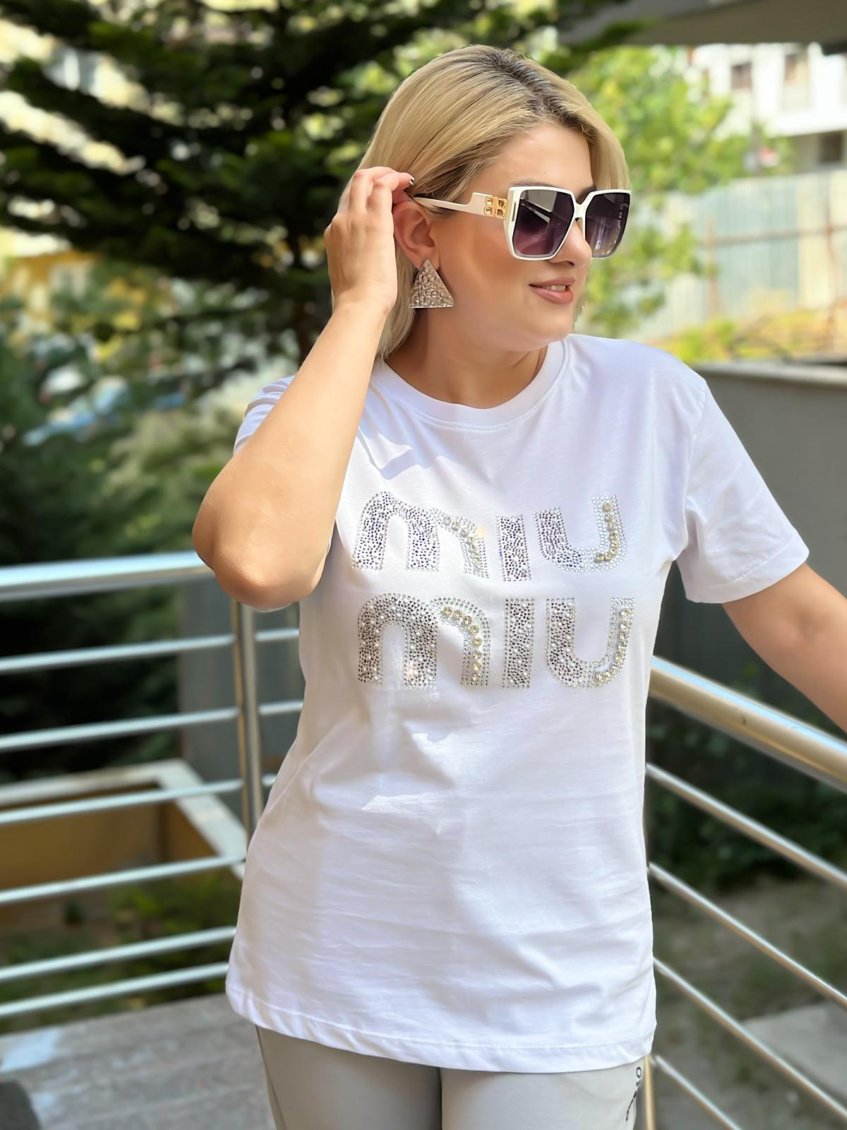 Miu Taş Baskılı Tshırt BEYAZ-23YUST000125