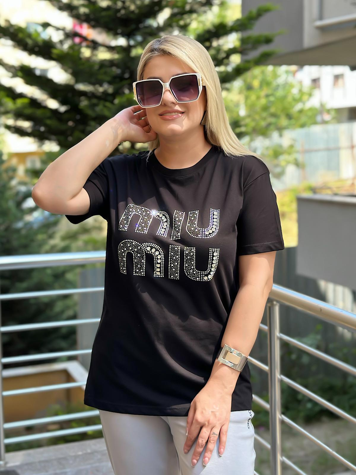 Miu Taş Baskılı Tshırt SİYAH-23YUST000125
