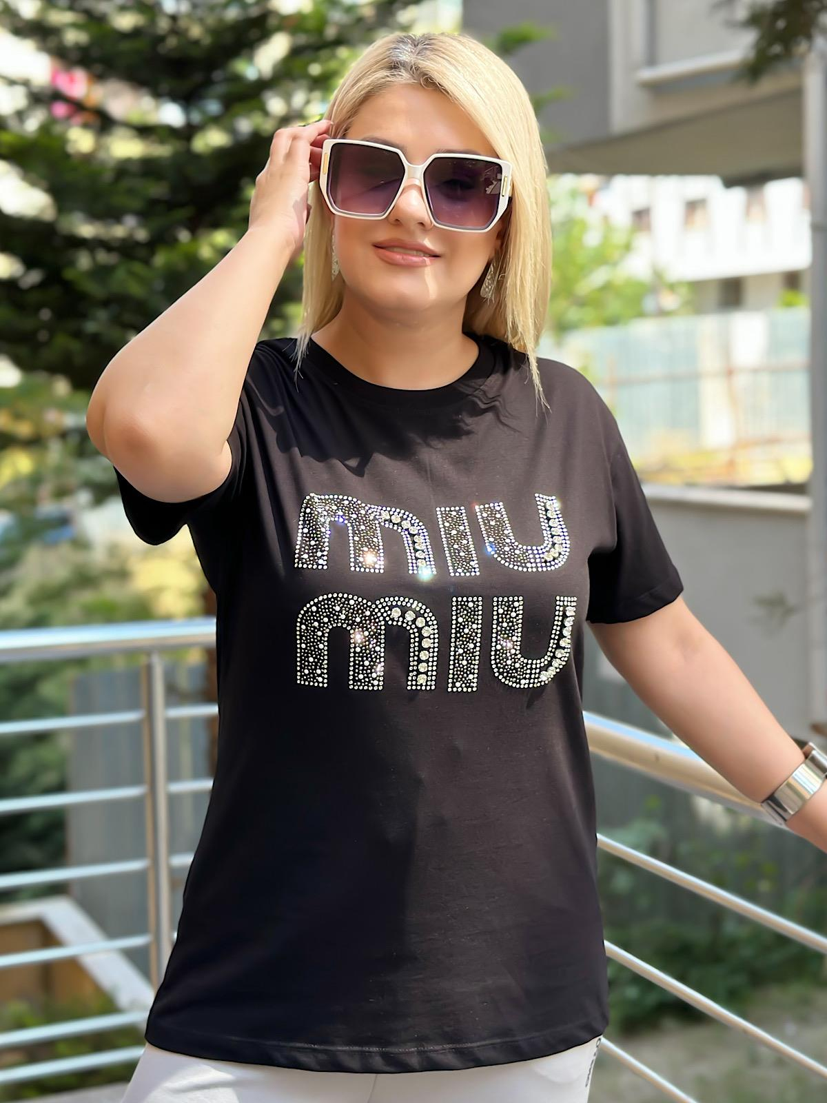Miu Taş Baskılı Tshırt SİYAH-23YUST000125