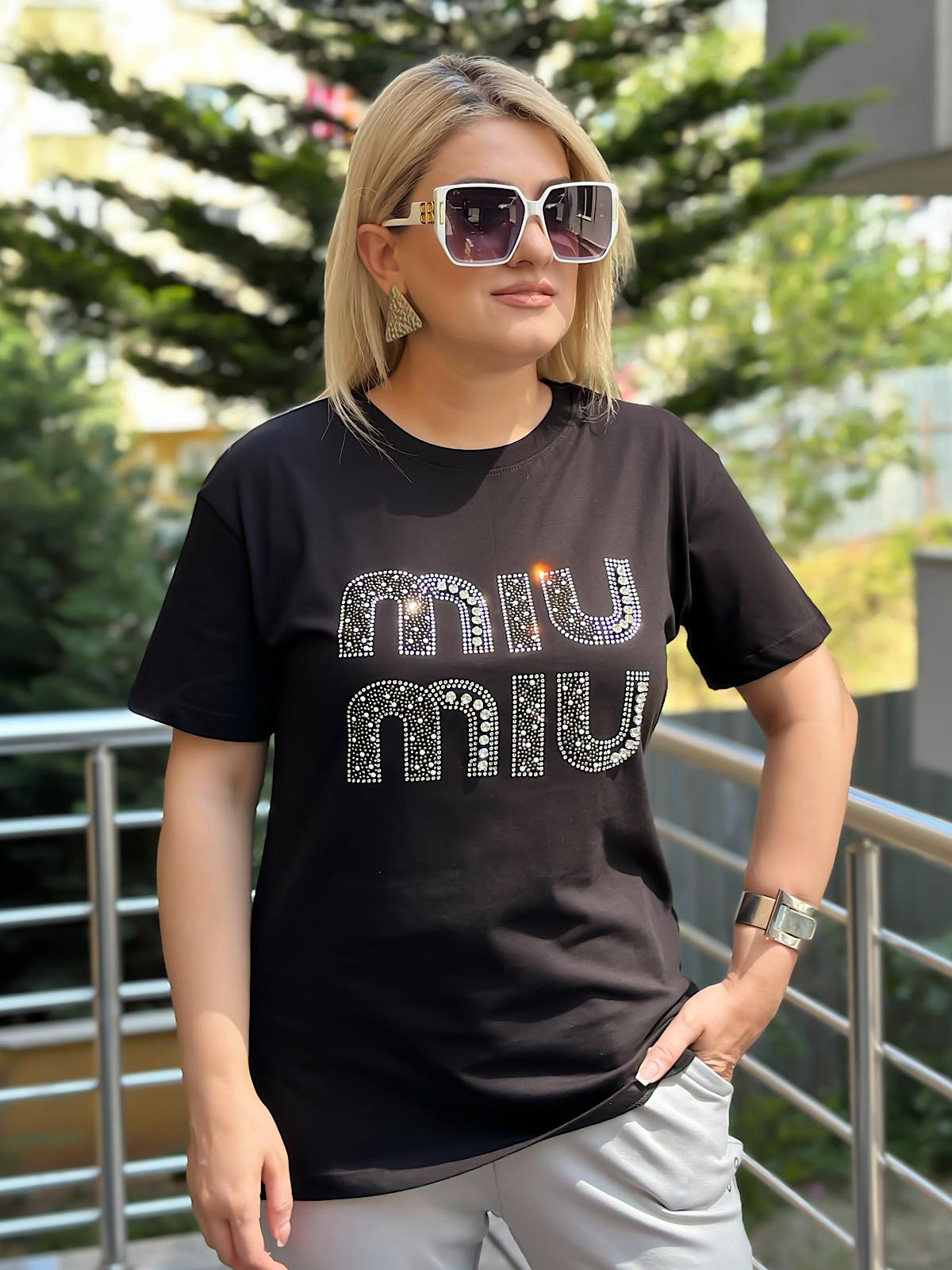 Miu Taş Baskılı Tshırt SİYAH-23YUST000125