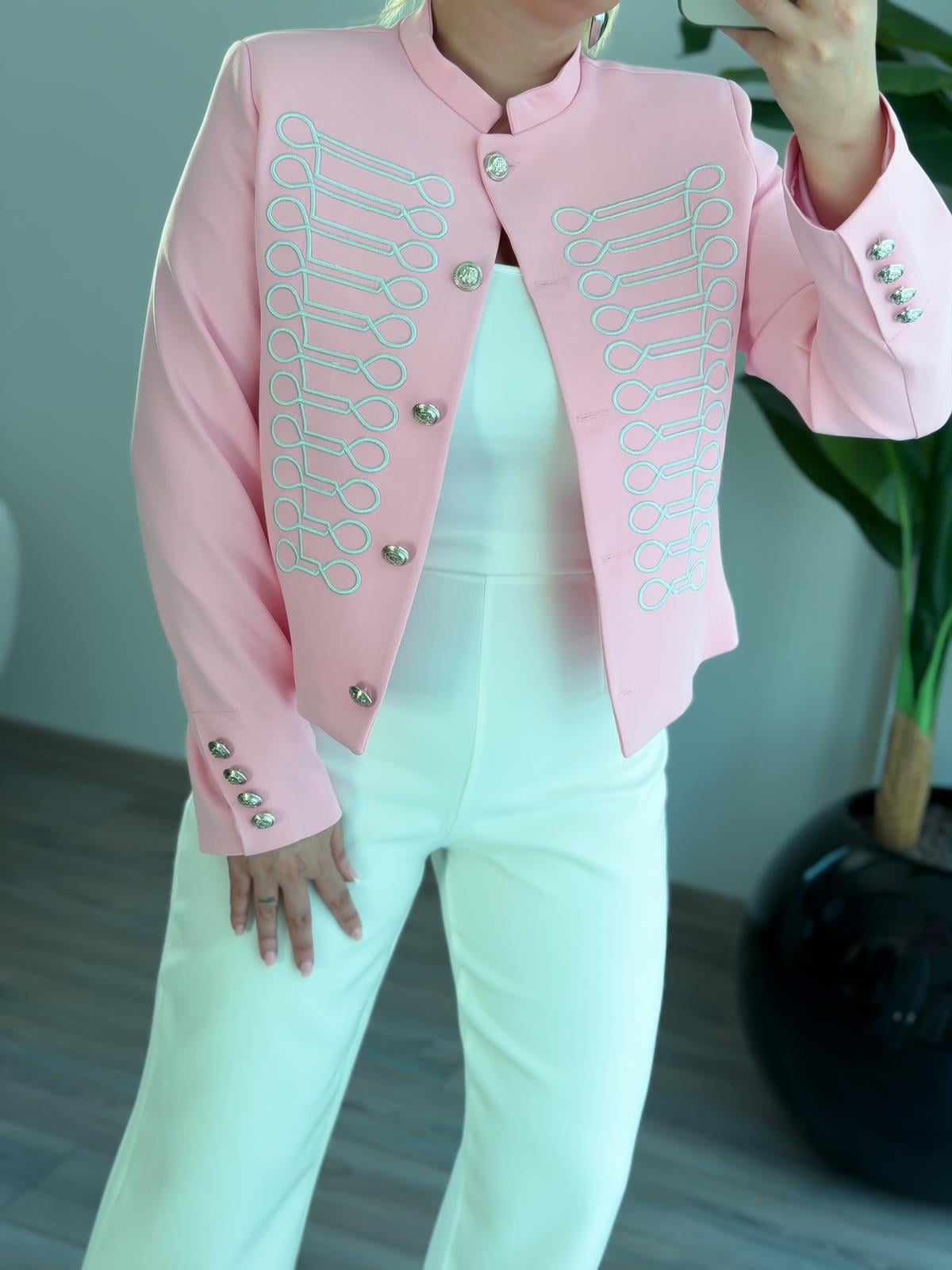 Nakışlı  Hakim Yaka Ceket PEMBE-23MeDIS00025