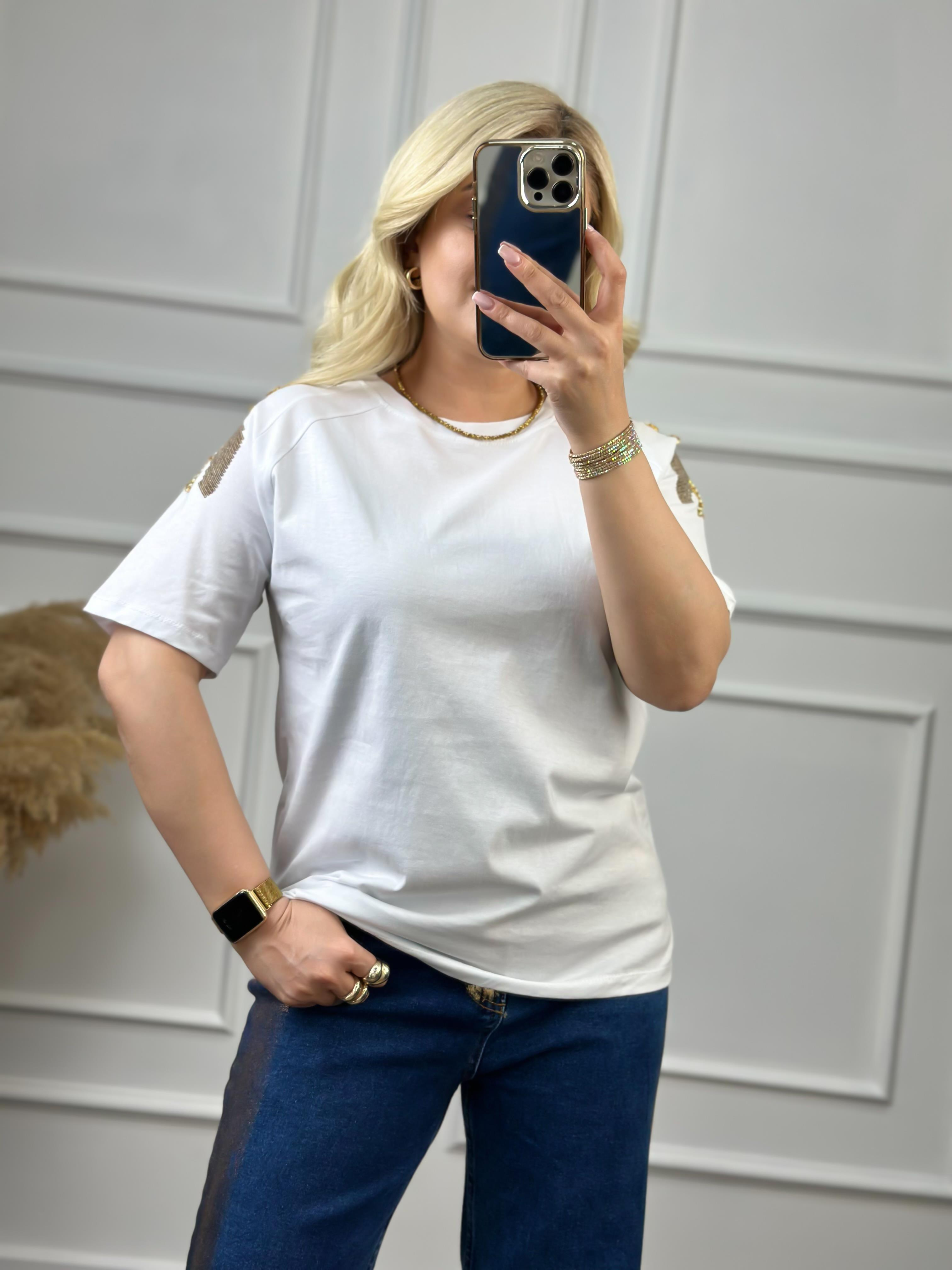 Omuz Pullu Tshirt BEYAZ-23YUST000053