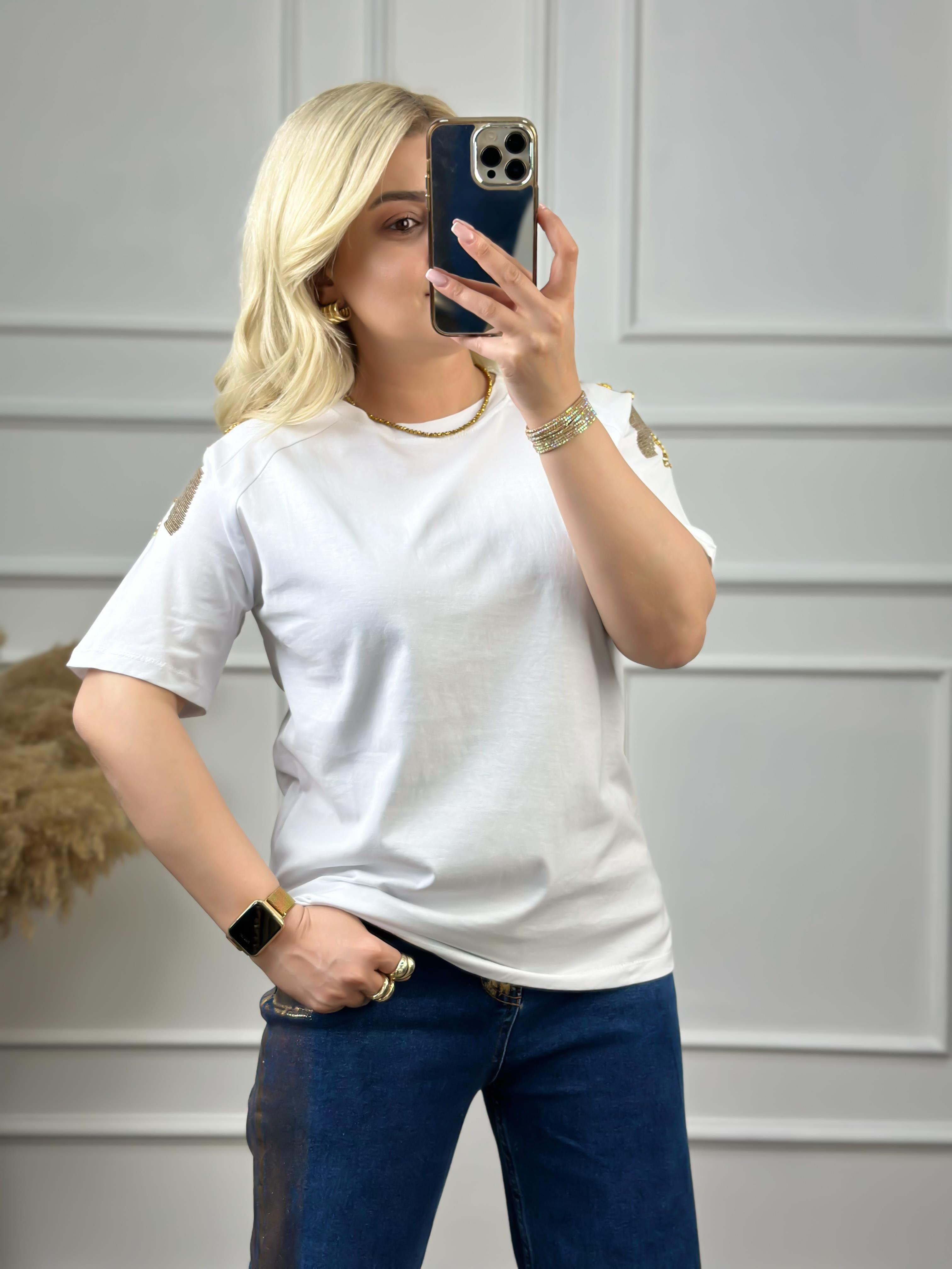 Omuz Pullu Tshirt BEYAZ-23YUST000053