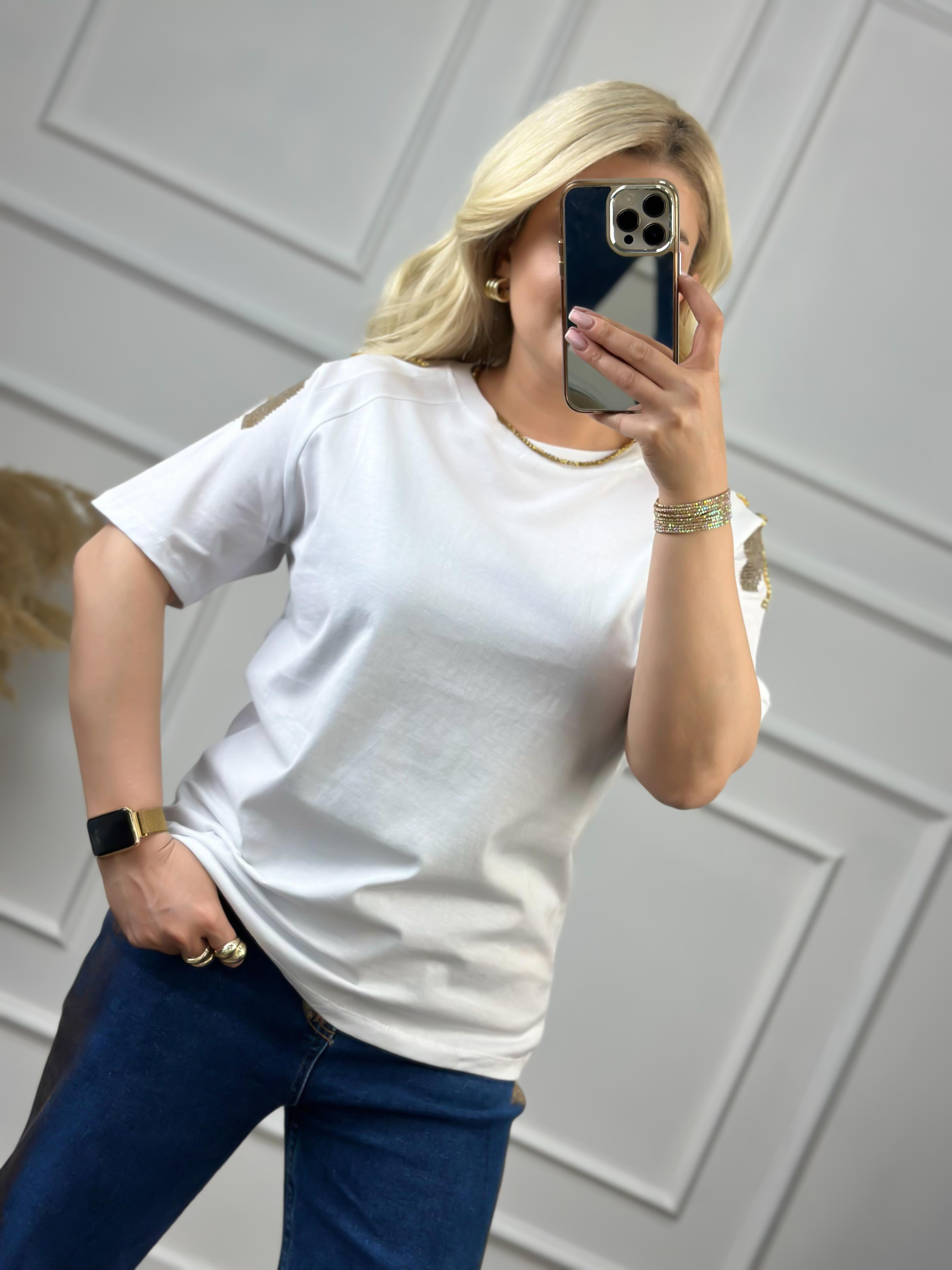 Omuz Pullu Tshirt BEYAZ-23YUST000053