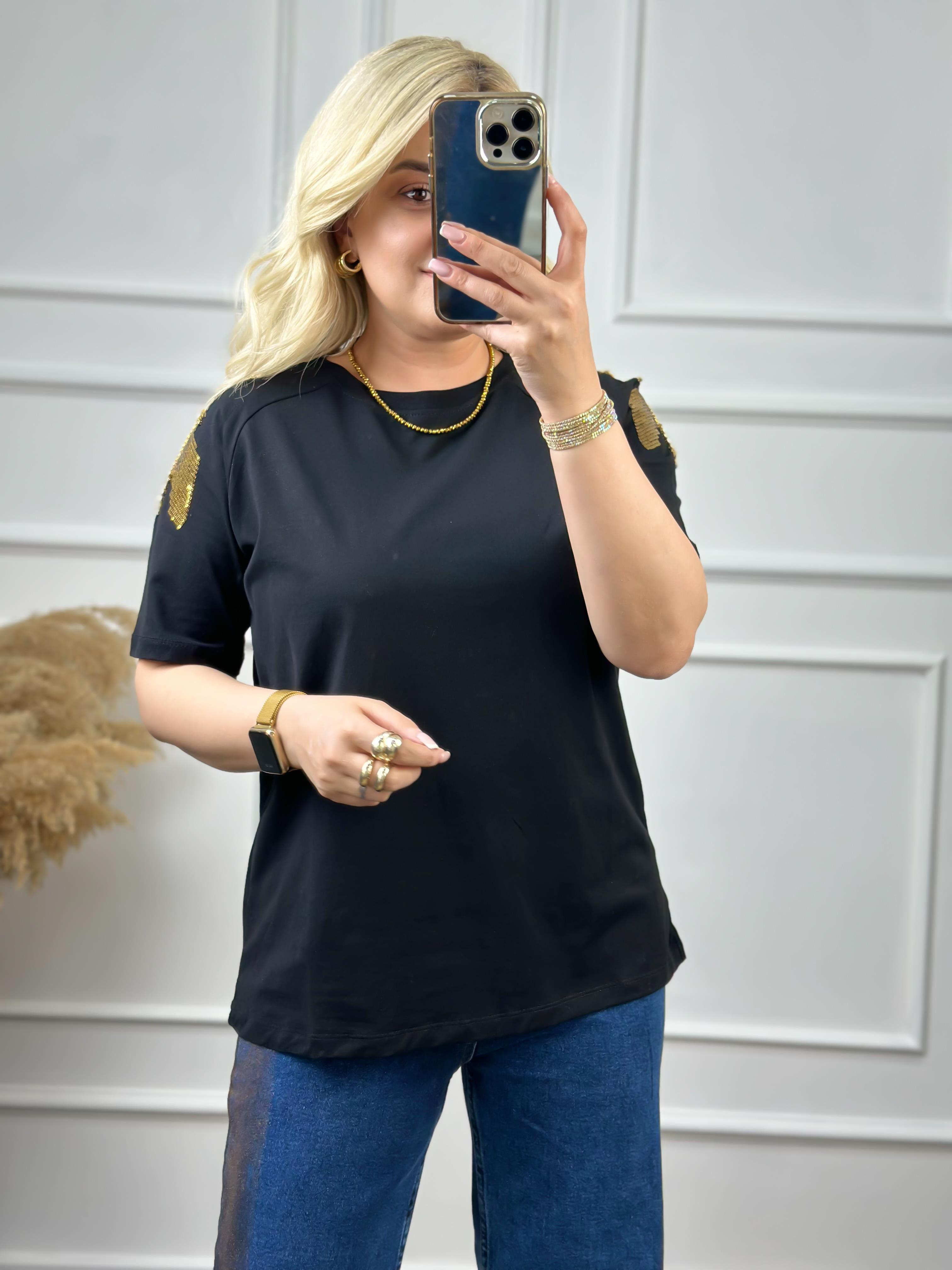 Omuz Pullu Tshirt SİYAH-23YUST000053