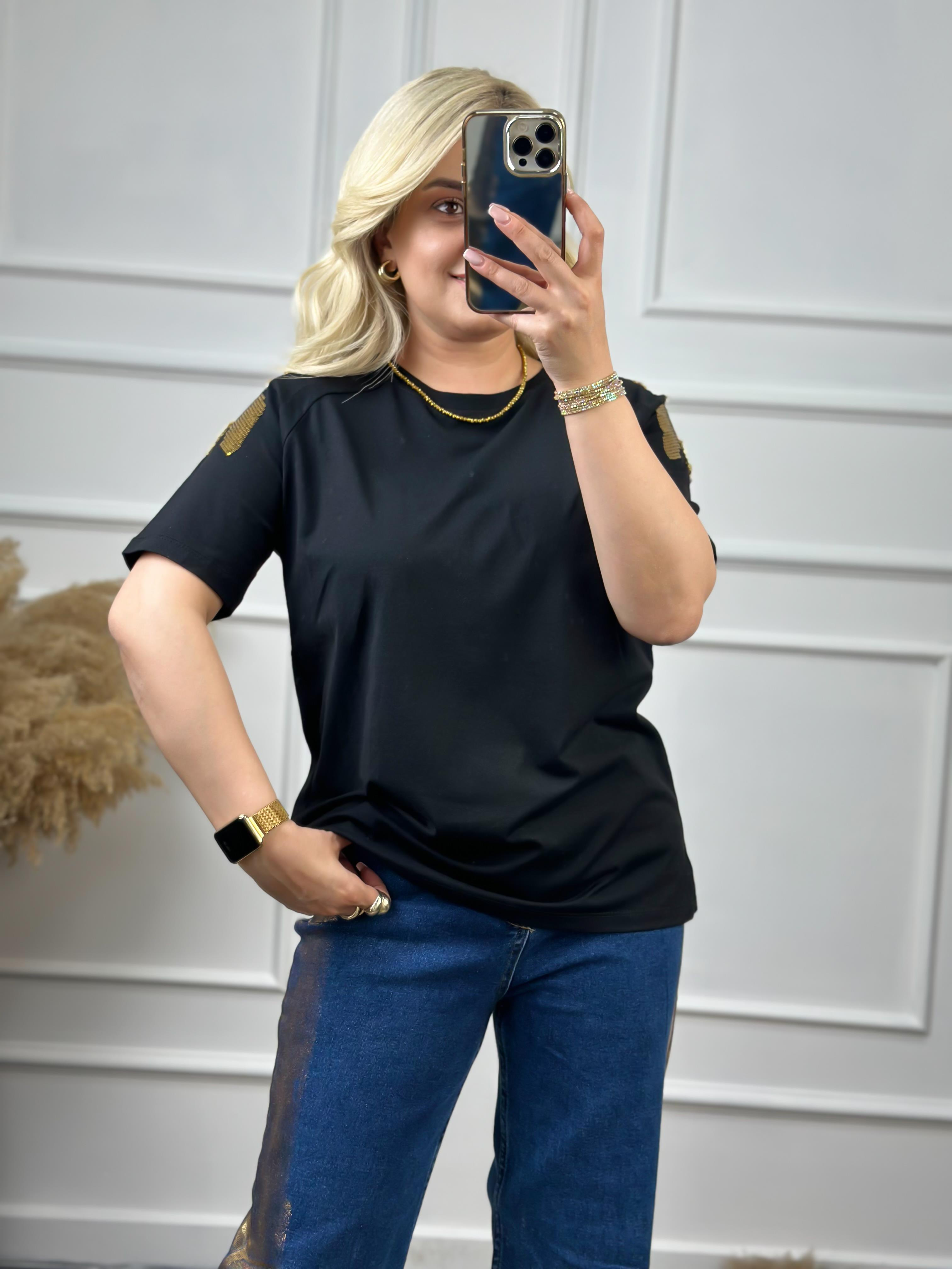 Omuz Pullu Tshirt SİYAH-23YUST000053