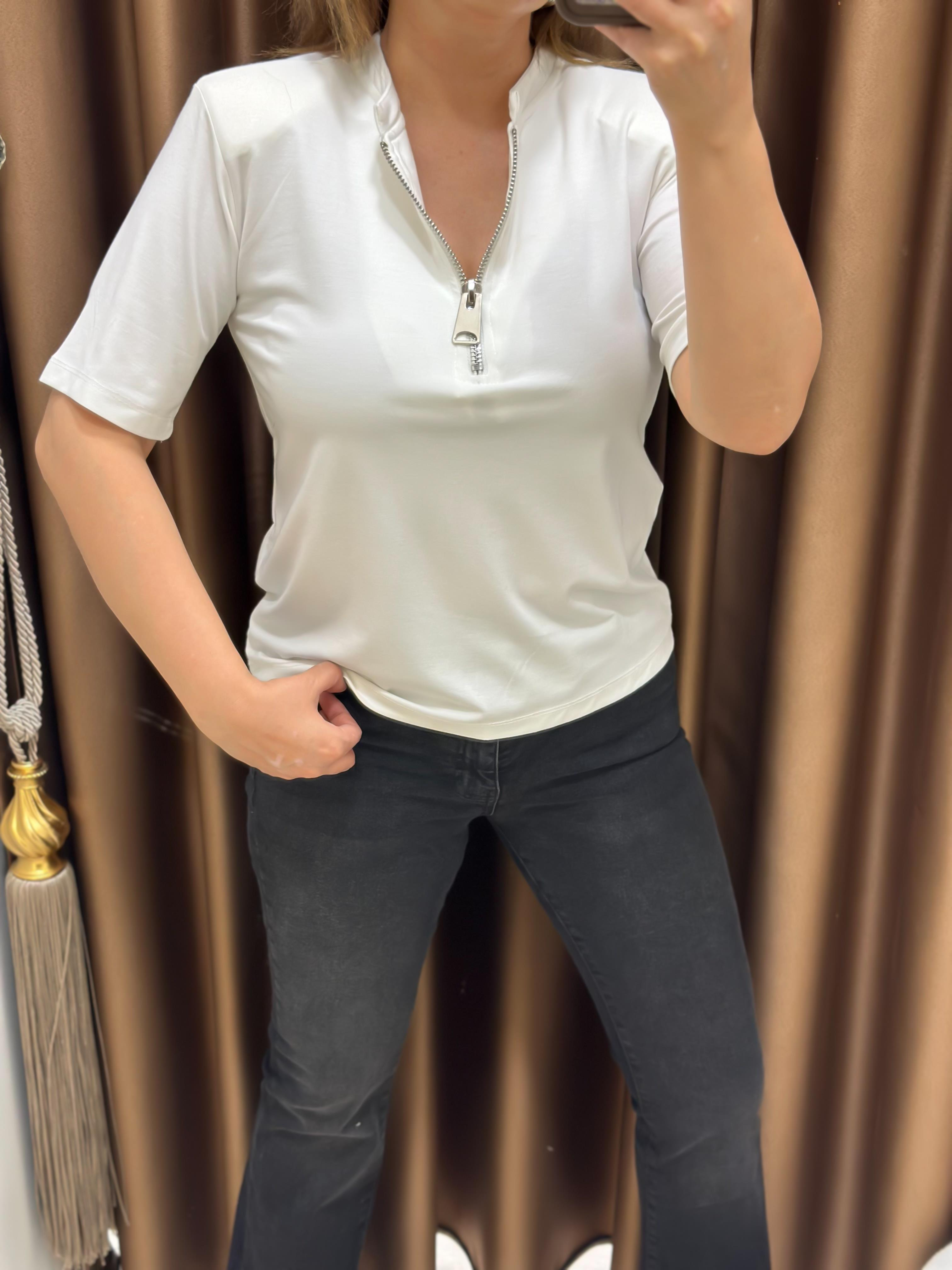 Omuzları Vatkalı Fermuar Detay Tshirt EKRU-23YUST000245