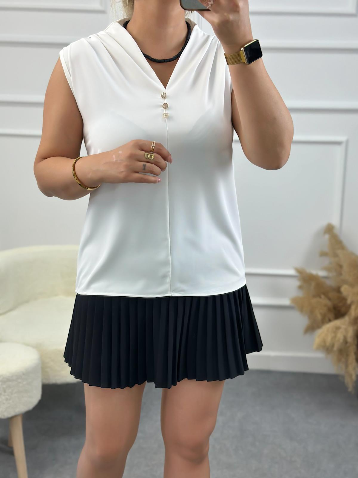 Omuzu Drapeli V Yaka Taş Düğmeli Bluz BEYAZ-23YUST000134