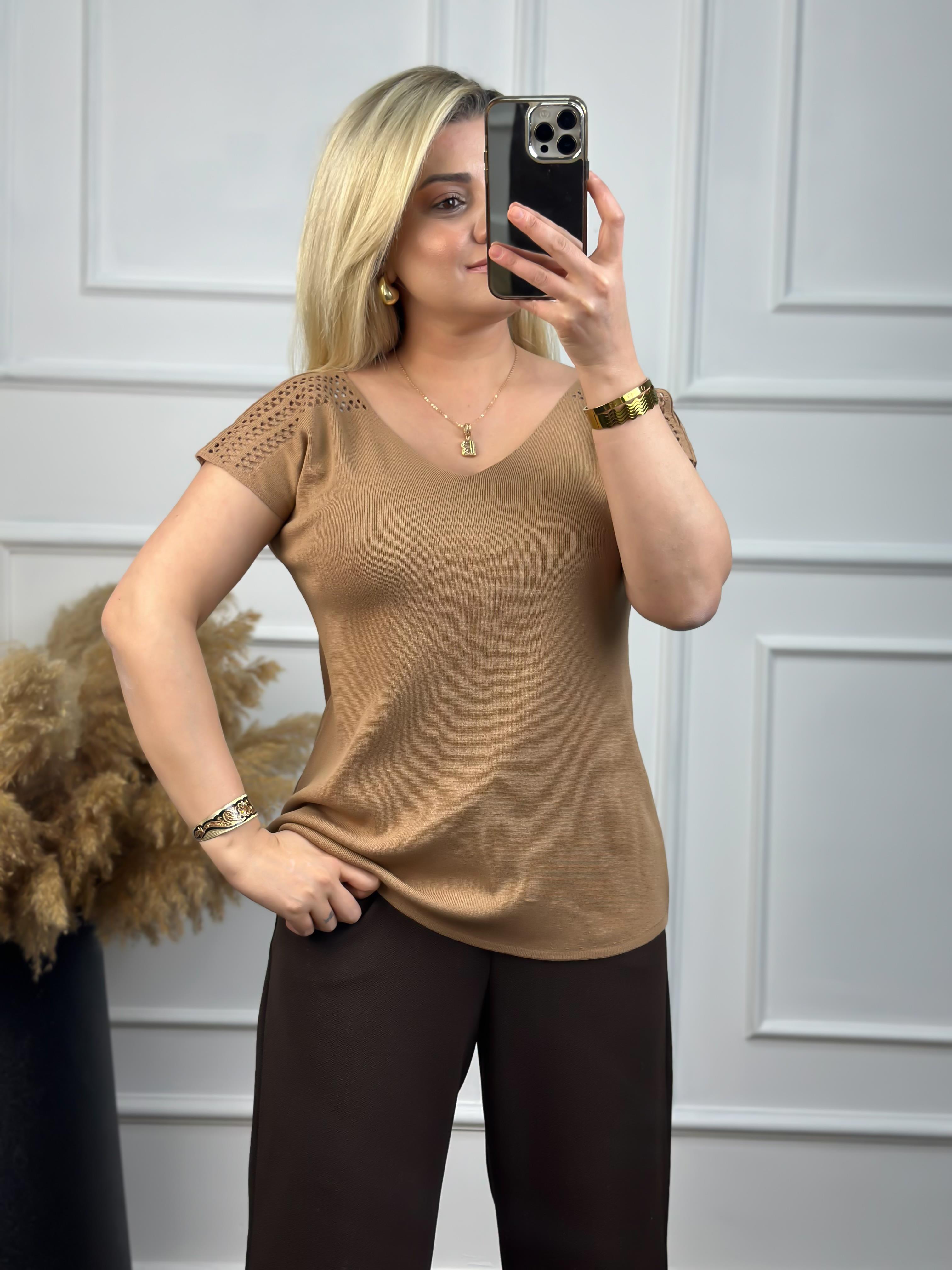 Omuzu Yırtmaçlı V Yaka Merserize CAMEL-23YUST000041