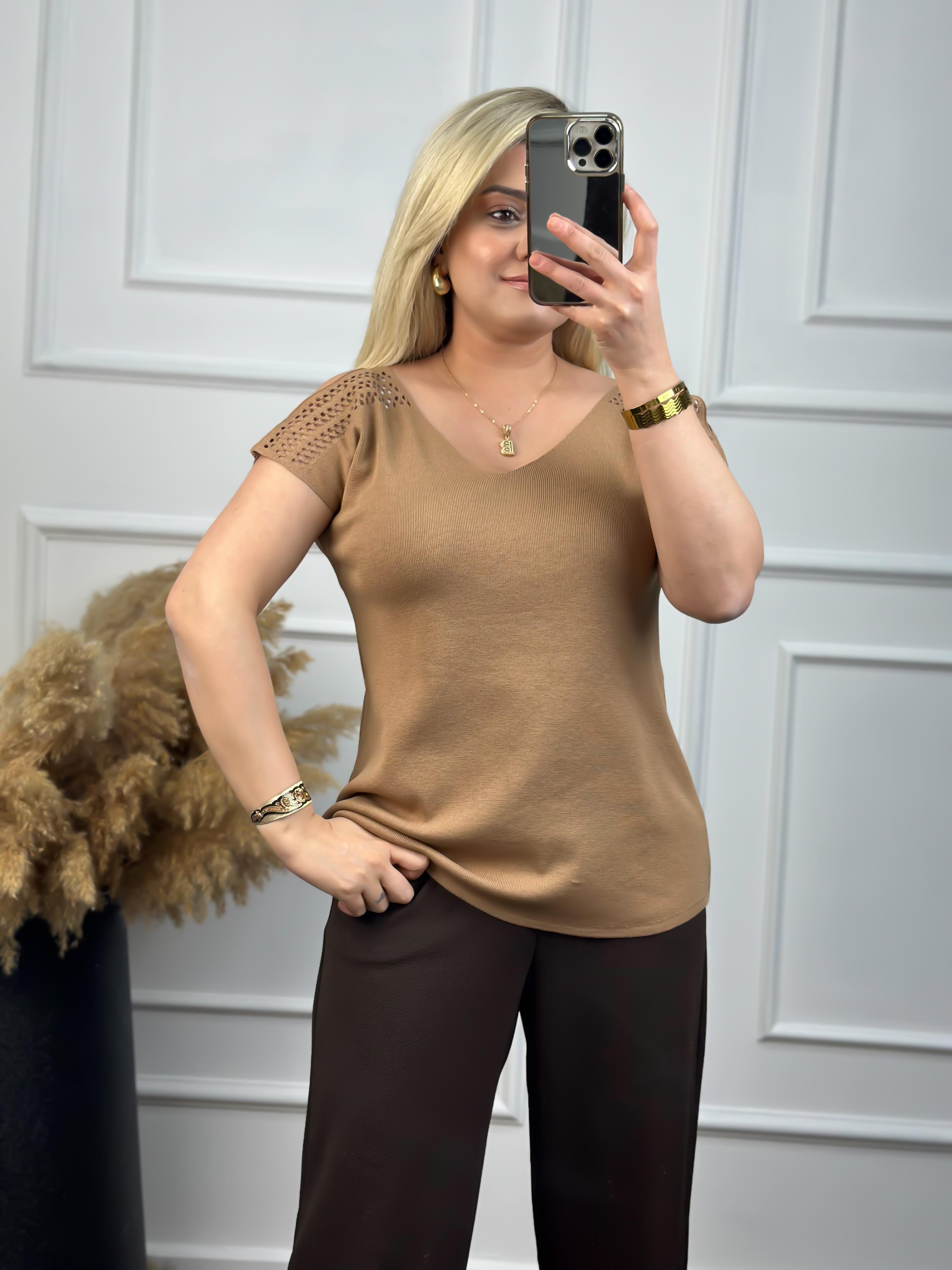 Omuzu Yırtmaçlı V Yaka Merserize CAMEL-23YUST000041