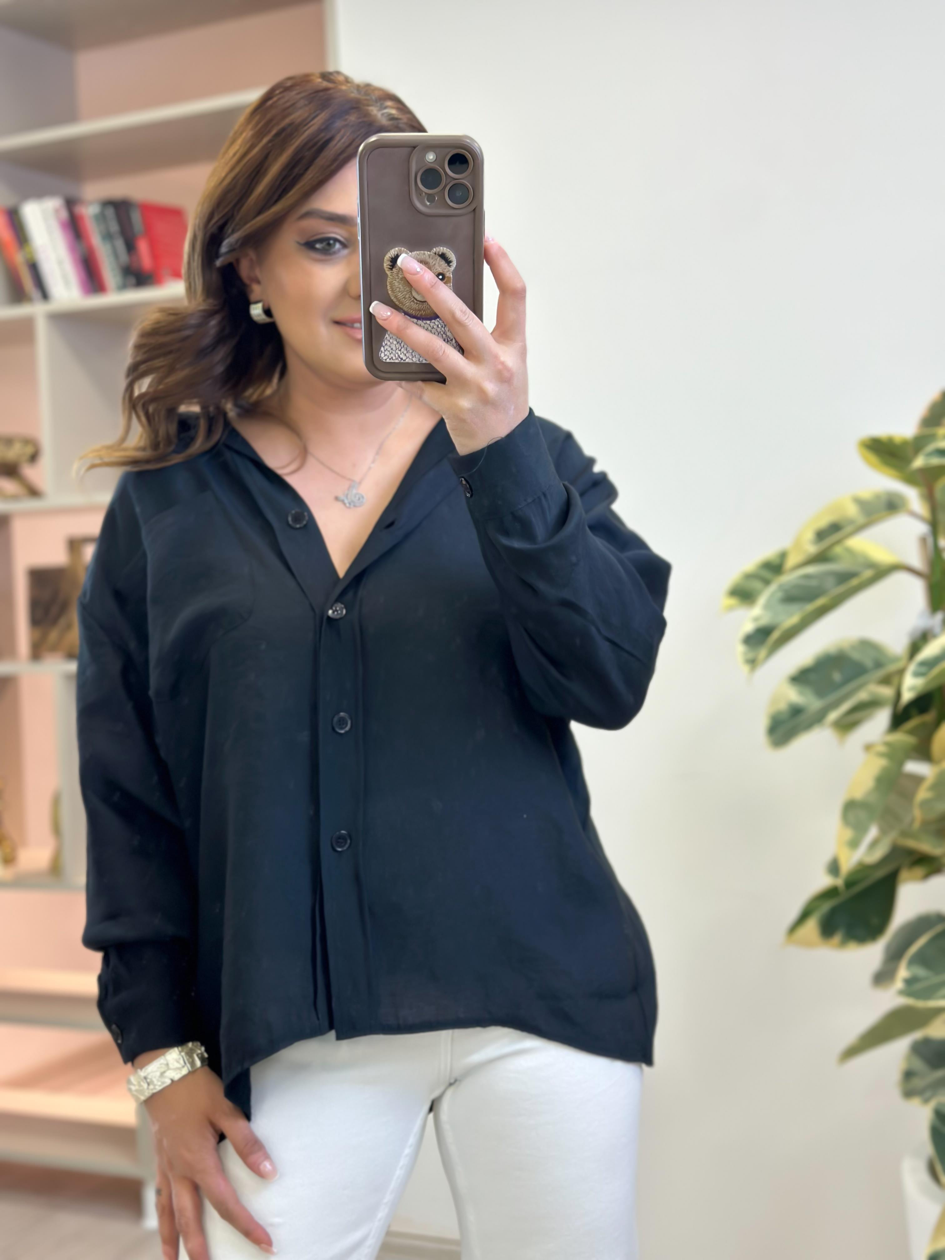 Omzu Düşük Oversize Gömlek SİYAH-23YUST000234