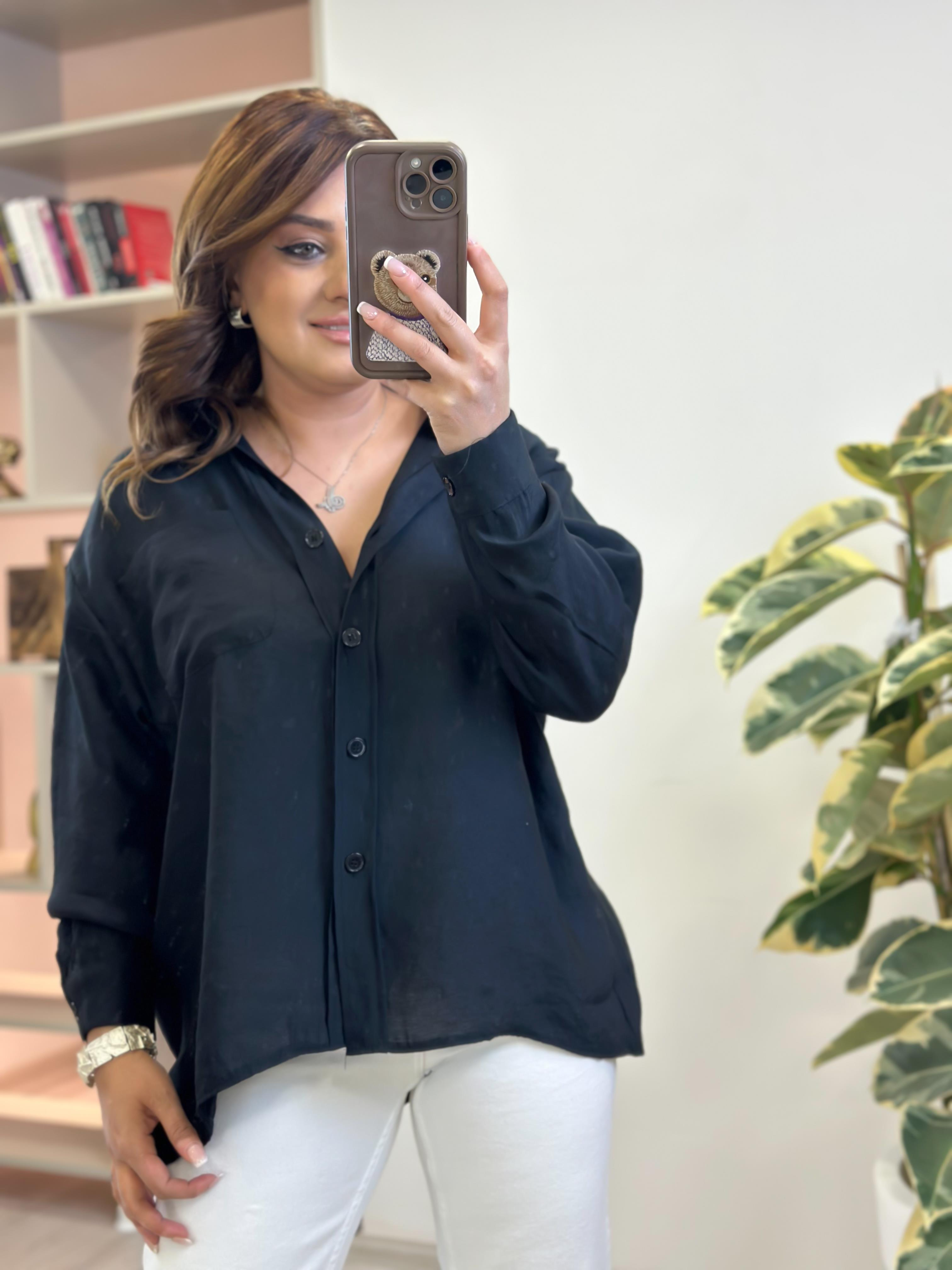Omzu Düşük Oversize Gömlek SİYAH-23YUST000234