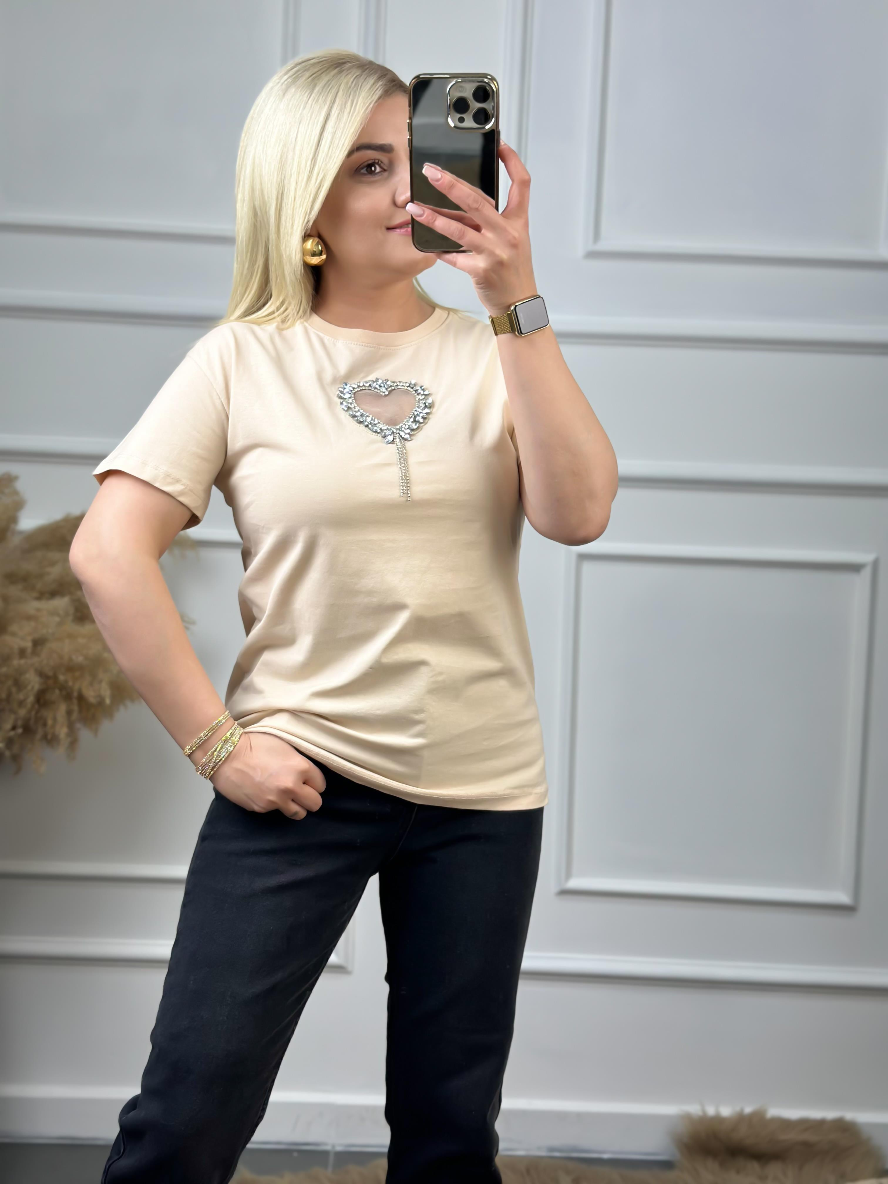 Önü Açık Kalpli Taşlı Tshirt BEJ-23YUST000050